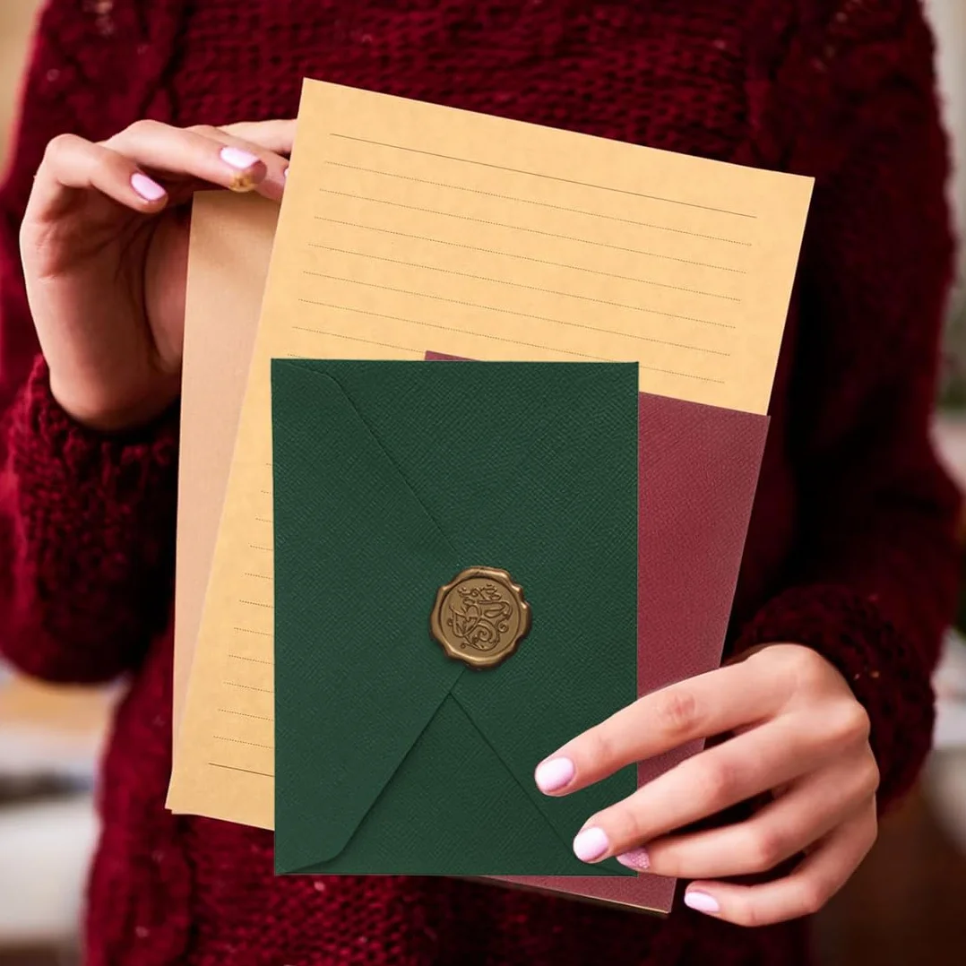 Ensemble de Papeterie Vintage 38 Pièces avec Enveloppes Papier Lettre Kraft et Autocollants Sceau en Cire