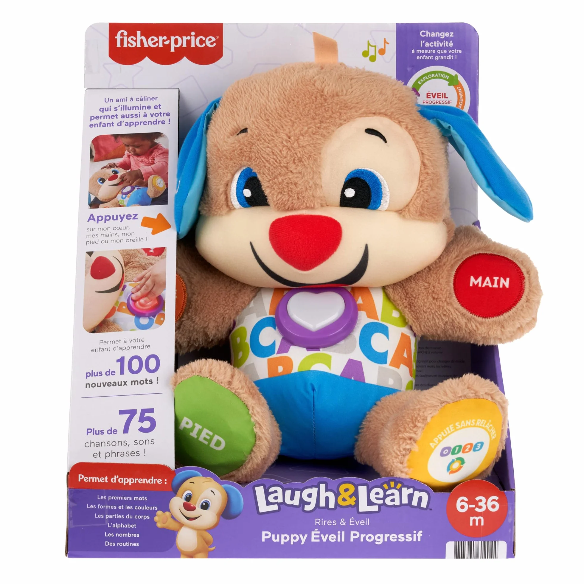 Fisher-Price Peluche Eveil Progressif Musicale Interactive 75 Chansons 3 Niveaux Jouet Bébé 6 Mois FPM44