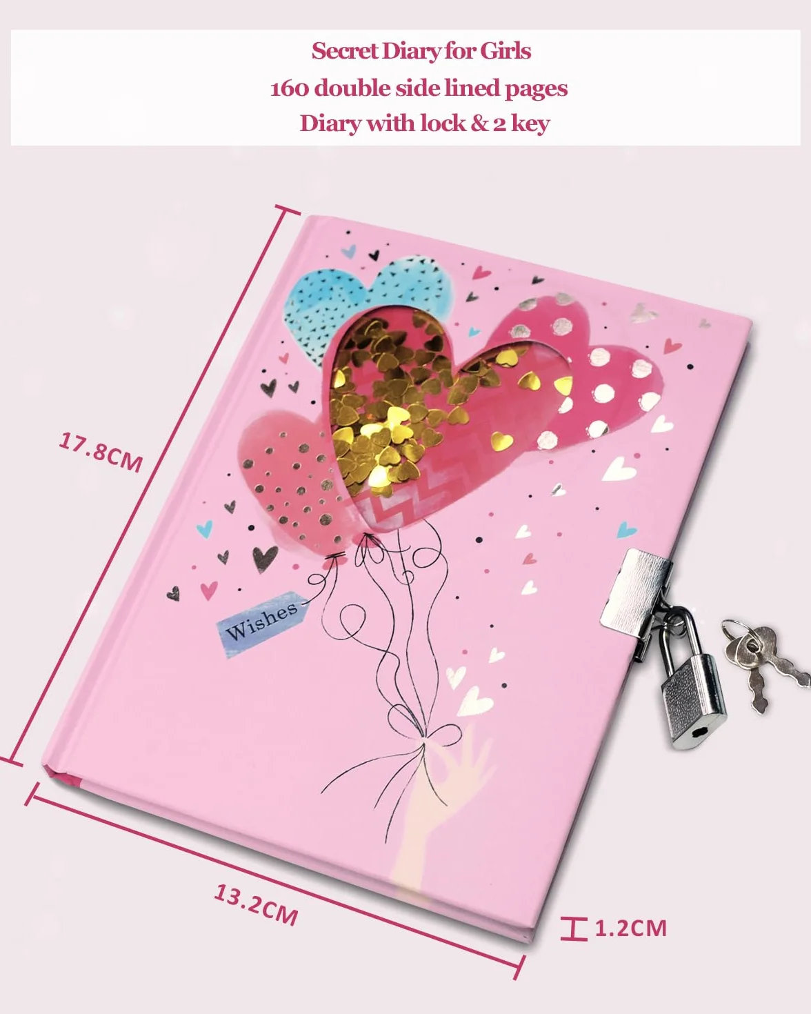 Cahier de Notes Journal Intime Fille avec Cadenas 17,8x13,5cm 80 Feuilles Ligné Paillettes Secouables