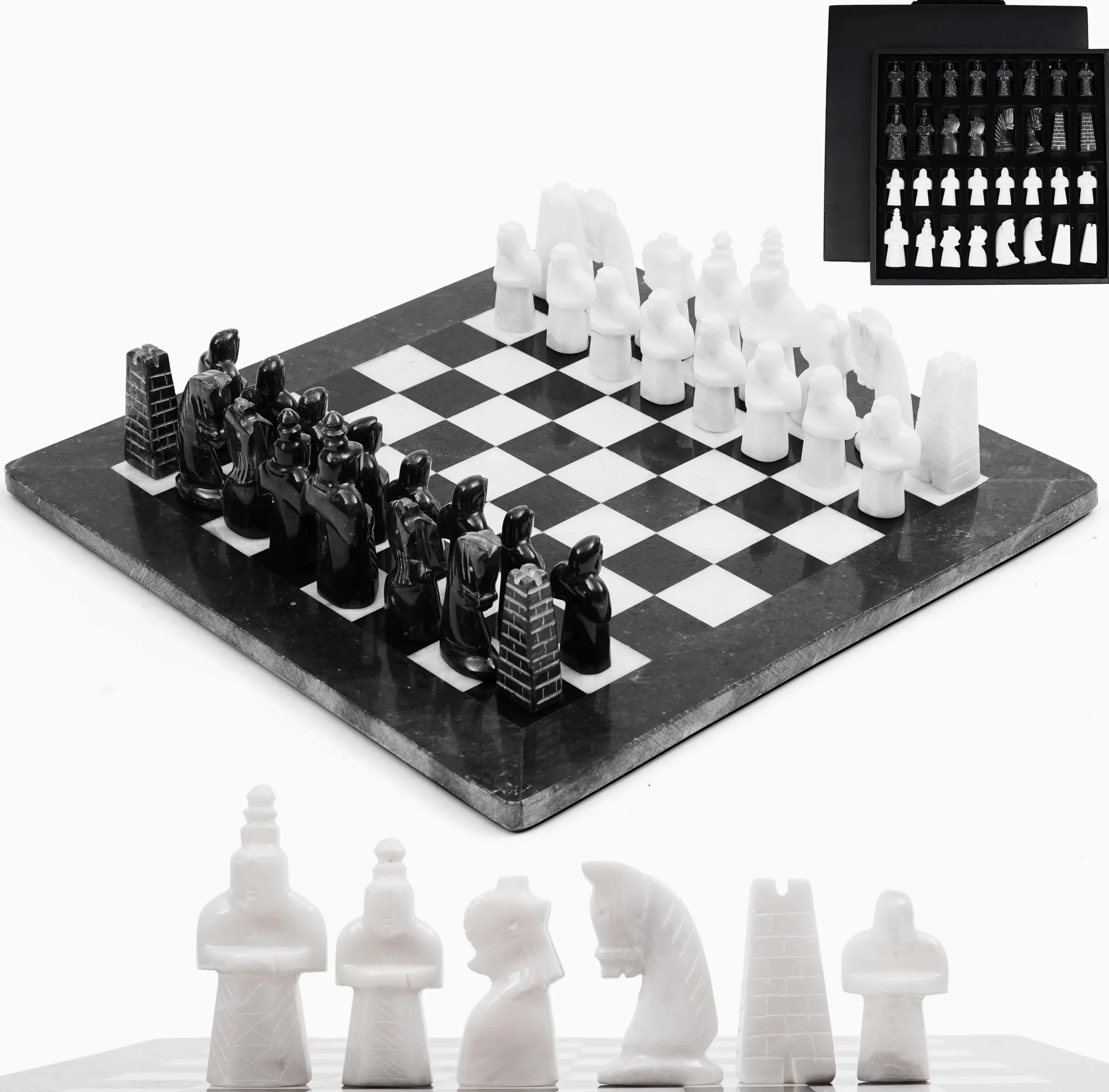 Jeu d'échecs Radical en marbre, fabriqué à la Main pour Une Utilisation en extérieur, Jeu d'échecs de Voyage, Jeu de société Classique, Jeu de Dames pour l'extérieur. (Black & White)