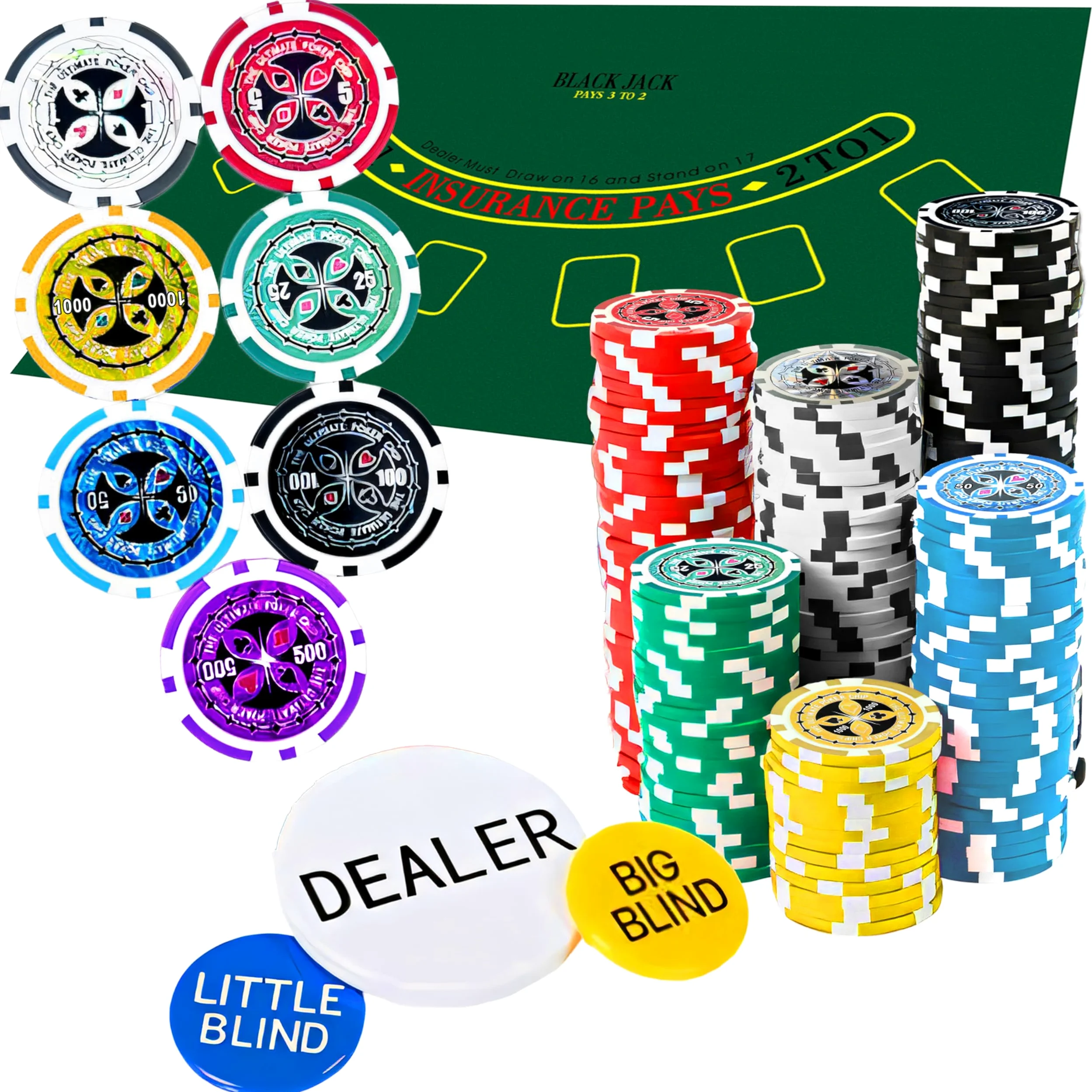 Retoo Mallette de poker 500 jetons dans un coffret en aluminium - Kit complet de poker avec 2 jeux de cartes, 5 dés, 3 boutons de croupier - Parfait pour le Texas Hold'em, le Blackjack et les soirées