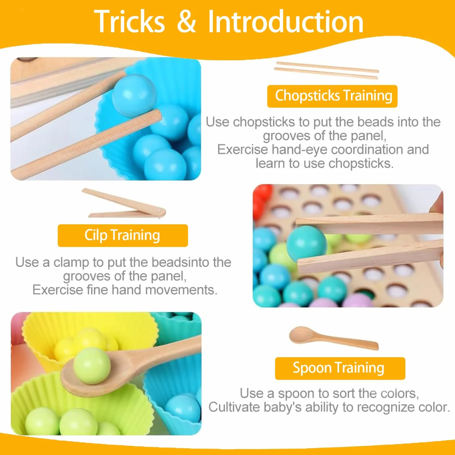 Jeu de Perles à Clip Rainbow Beads Montessori en Bois Jeux Éducatifs Motricité Fine 3 Ans