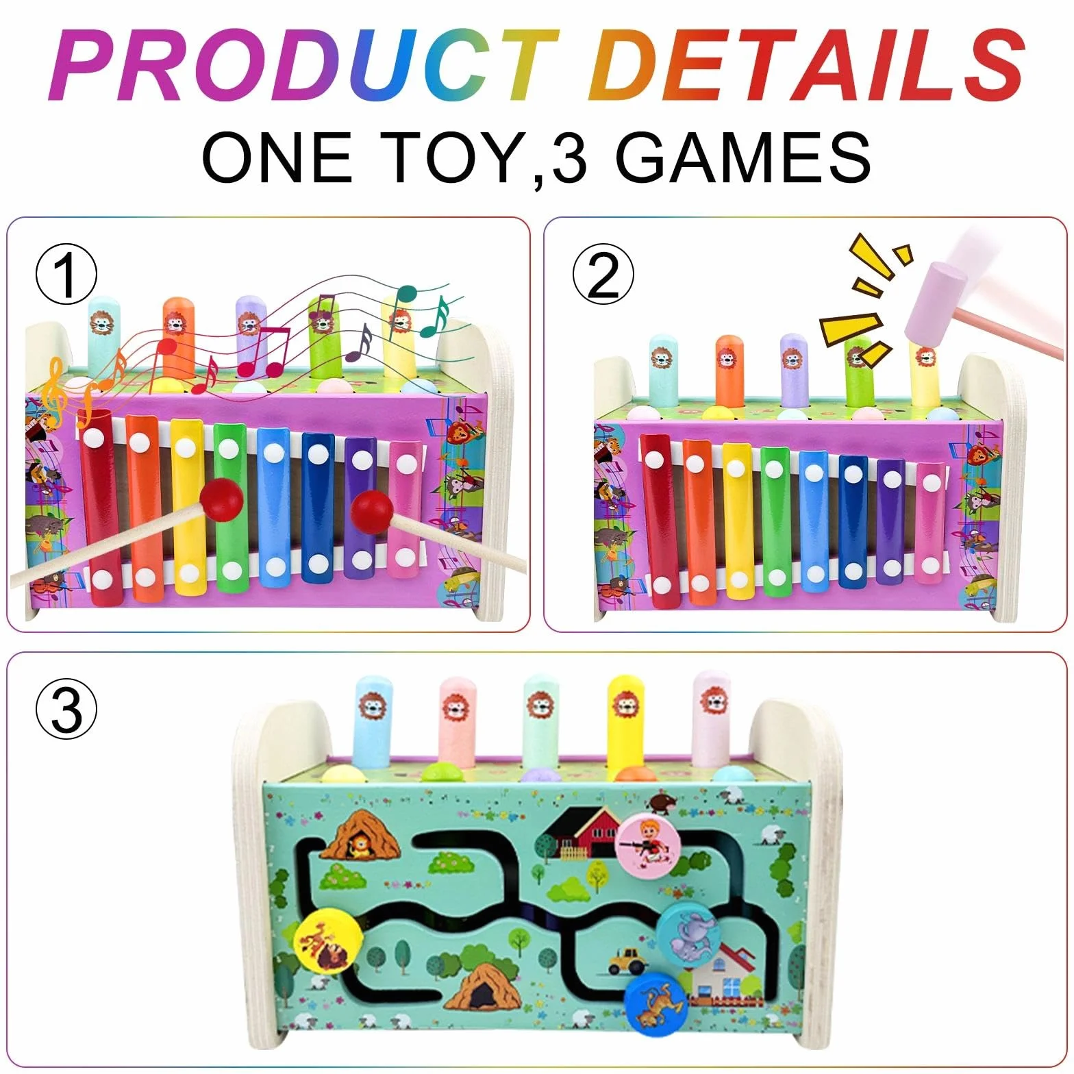 Jouet Xylophone Bebe 3 en 1, Montessori Marteau en Bois, Jeux Chasse Taupe, Banc À Marteler, Motricité Fine Cadeau Enfant 1-4 Ans