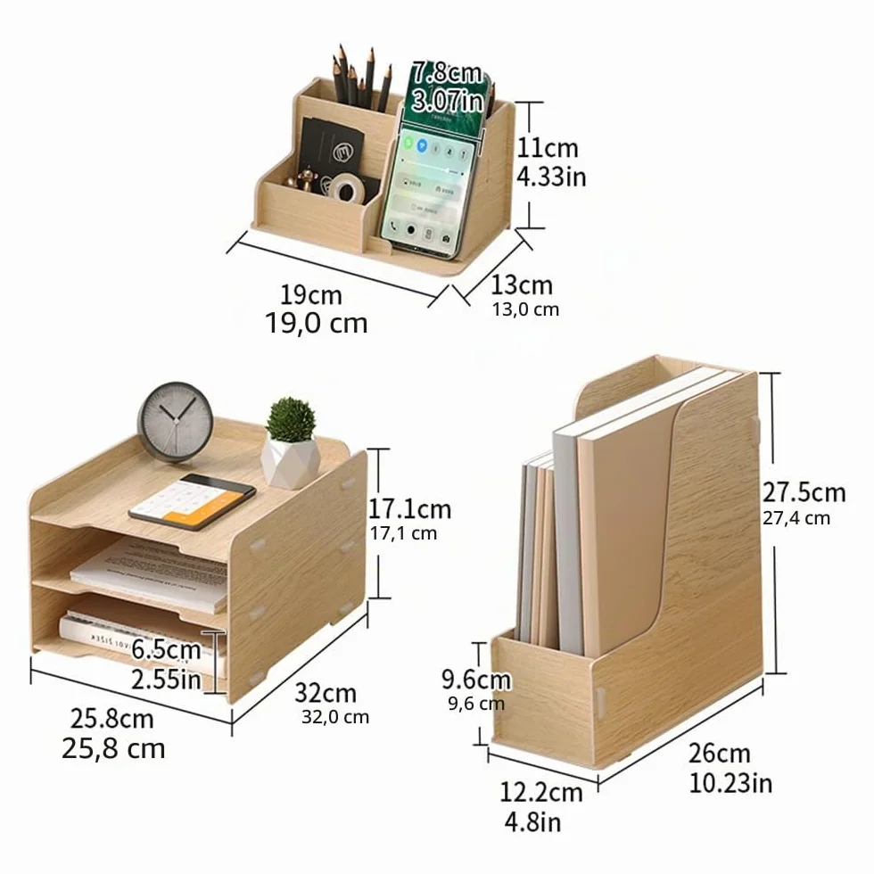 NUODWELL Ensemble de rangement de bureau en bois – Bac à courrier A4 3 niveaux, porte-documents, porte-stylos, organiseur de bureau (chêne)