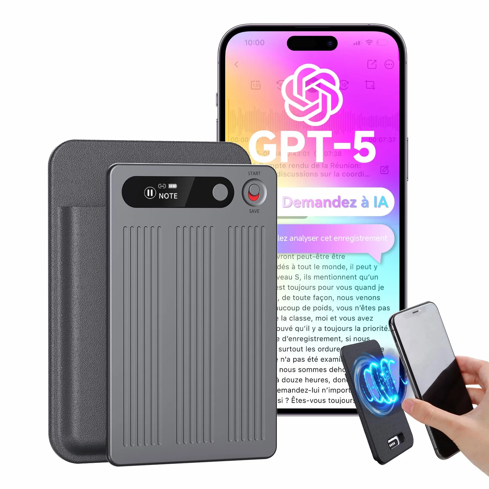 Enregistreur Vocal IA avec Étui magnétique Dictaphone - Contrôle par App, Traducteur & Transcription & résumé, 80+ Langues pour Conférences Appels