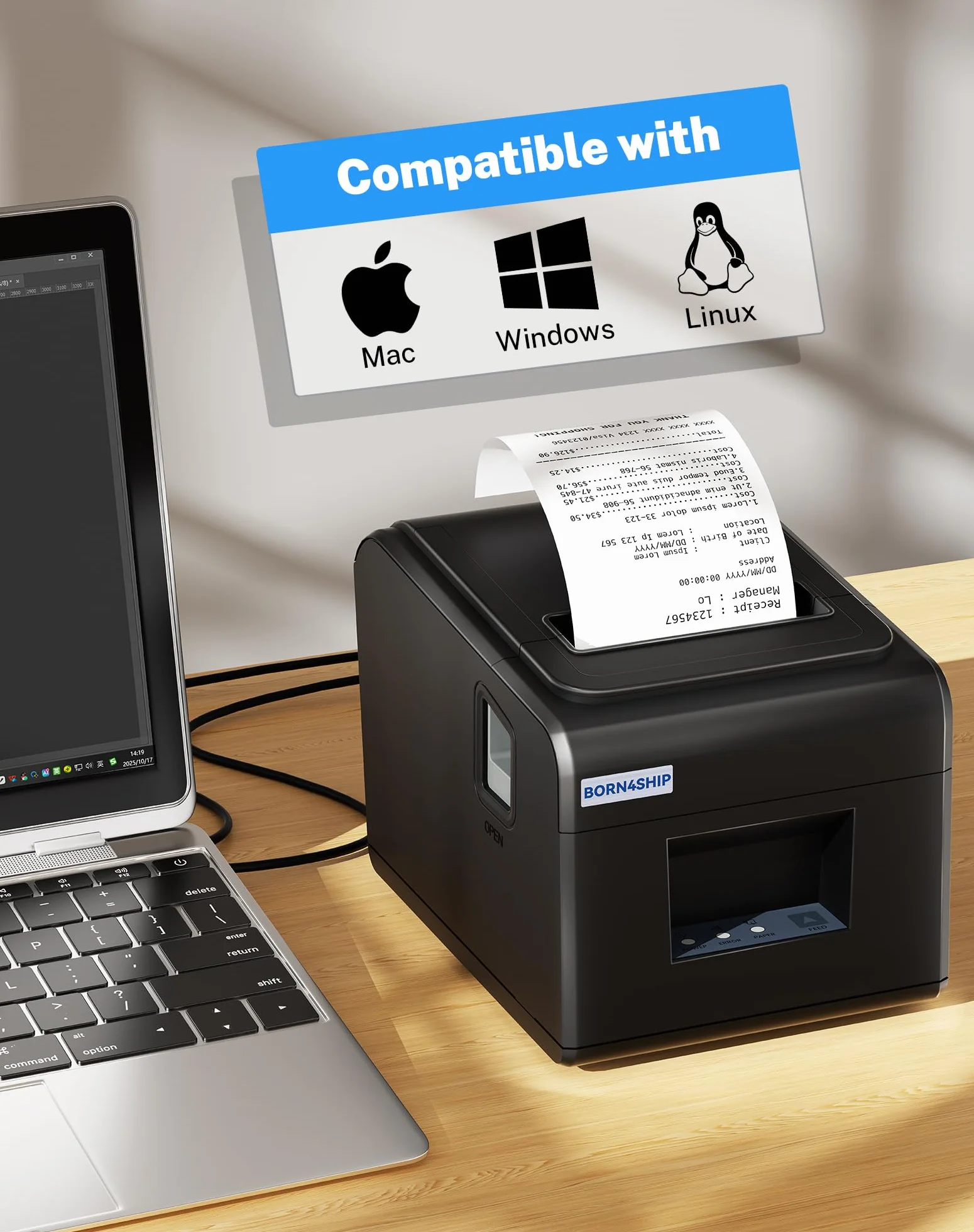 Imprimante Ticket de Caisse 80mm Thermique USB Ethernet Serial, Support de Coupe Automatique, Noir