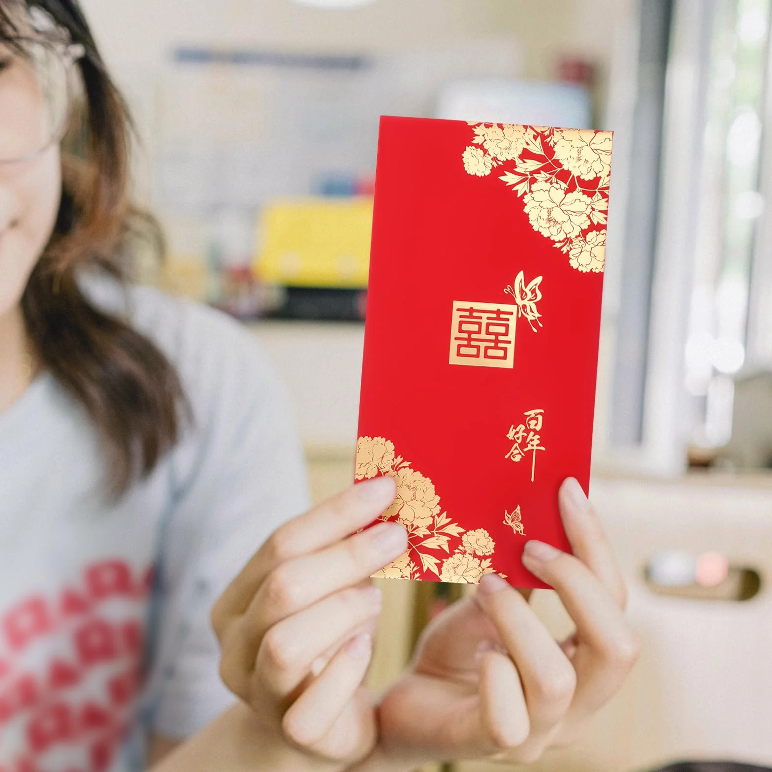 Enveloppes Rouges de Mariage Double Bonheur Hong Bao pour Jeunes Mariés 10pcs