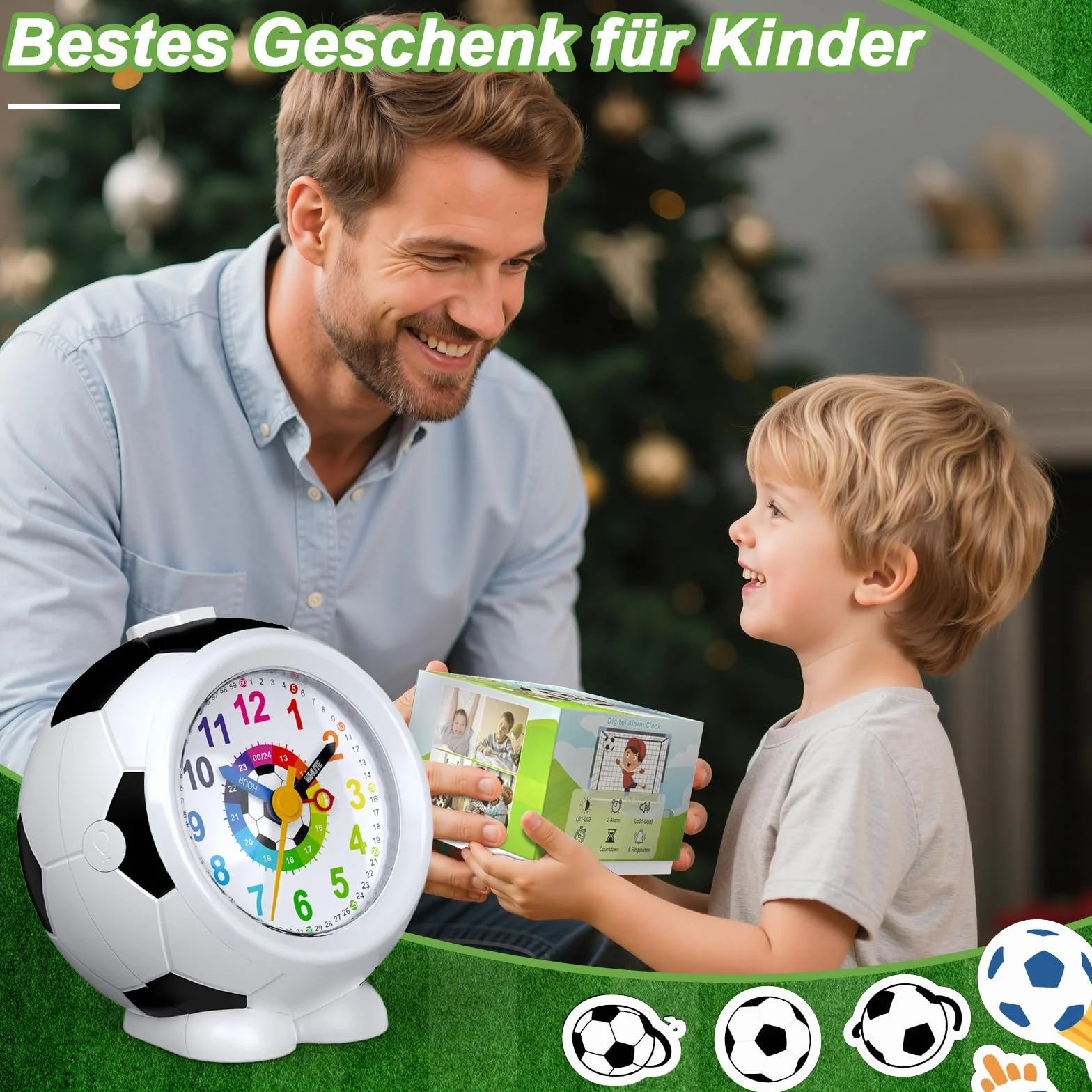 Réveil Enfant Football Garçon Fille Horloge Pédagogique Analogique Silencieux sans Tic-Tac avec Veilleuse Snooze Antidérapant Idée Cadeau Éducatif 5-12 Ans