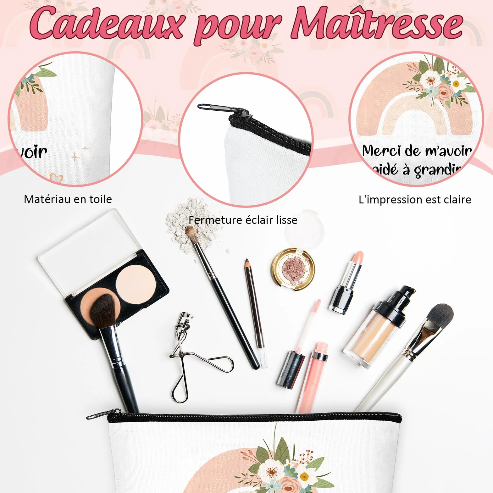 Cadeau de Remerciement pour Maîtresse Professeur 4 Pièces Trousse de Maquillage Porte-Clés Carte Arc-en-Ciel avec Enveloppe