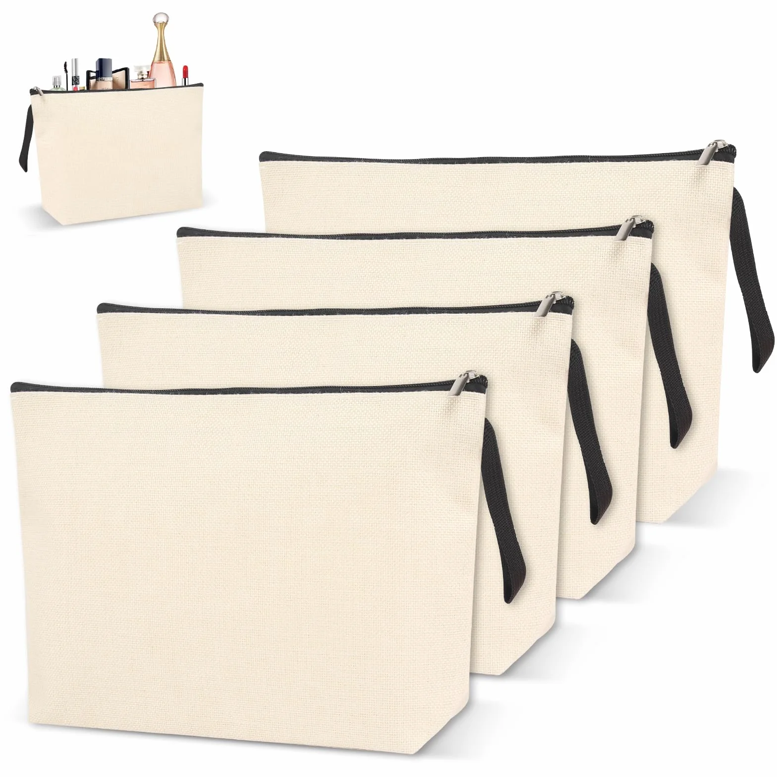 Trousse de Toilette Femme Pochette Tissu Zippée DIY Vierge Toile Rangement Voyage 4 Pièces