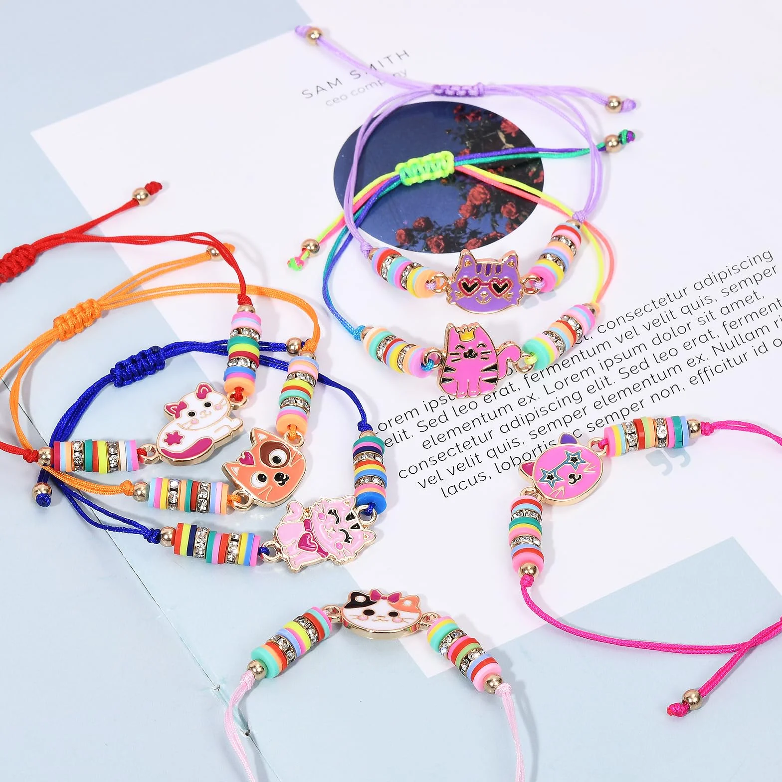 Toyssa 12 Pièces Bracelet Enfant Fille, Bracelet Amitié Tissé Réglable (Chat)
