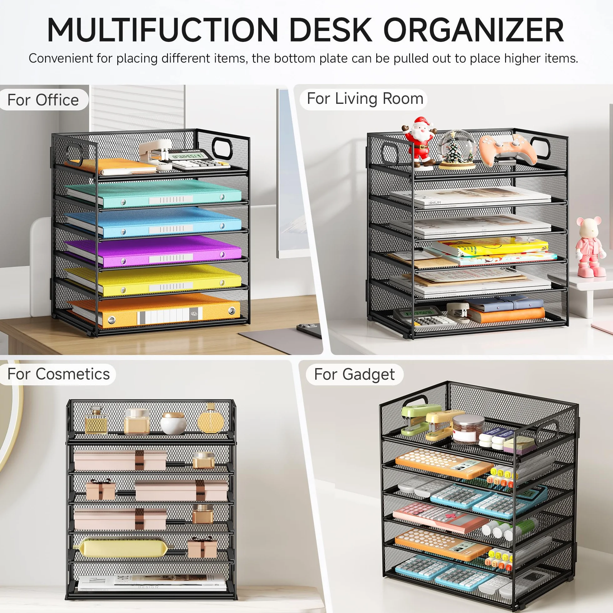 VITVITI 6 Niveaux Organisateur de Bureau Maille Métallique, Rangement de Papier avec Poignée, Noir