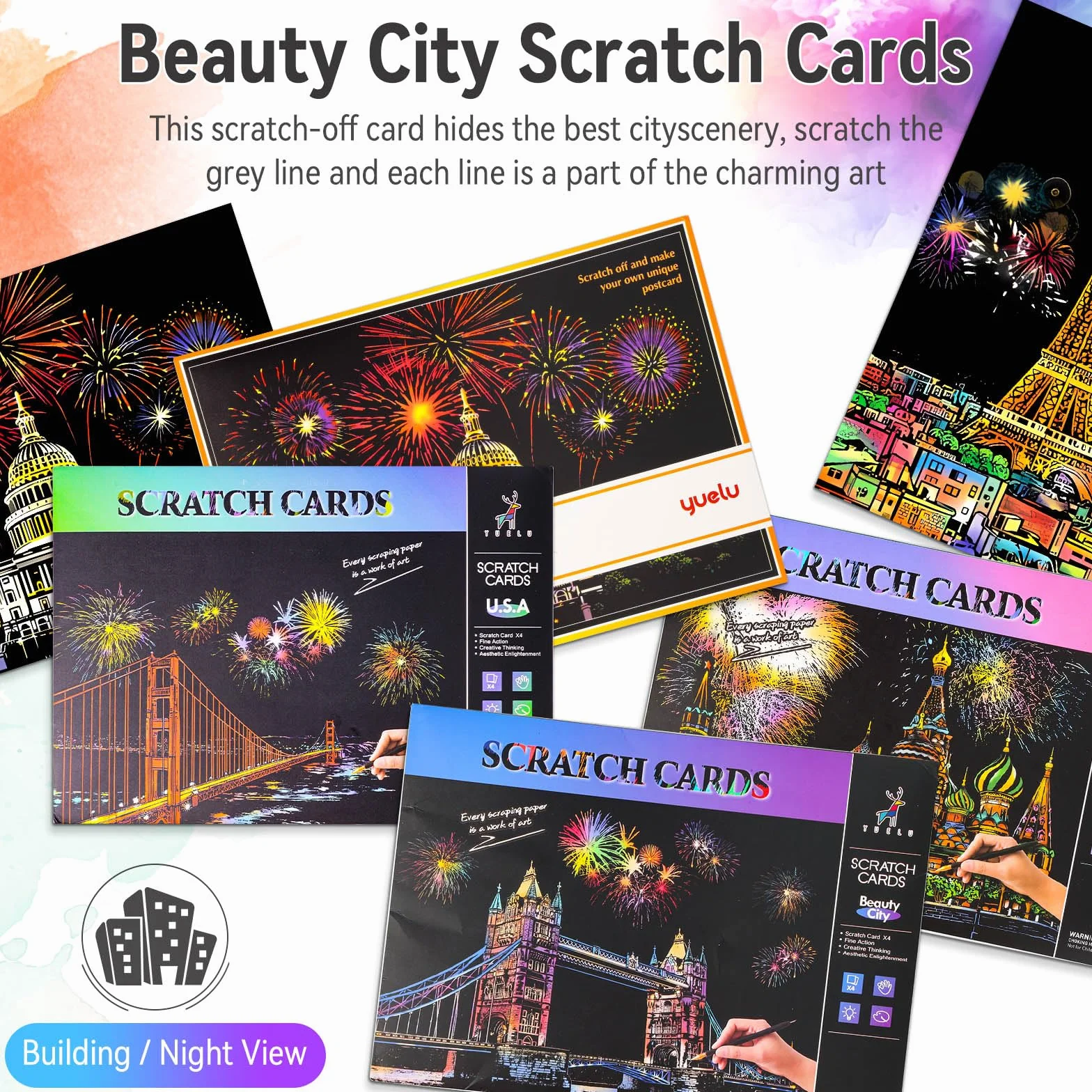 Scratch Art A4 Adulte, 16 Feuilles Dessin à Gratter avec 4 Outils, Série des Villes, Artisanat DIY