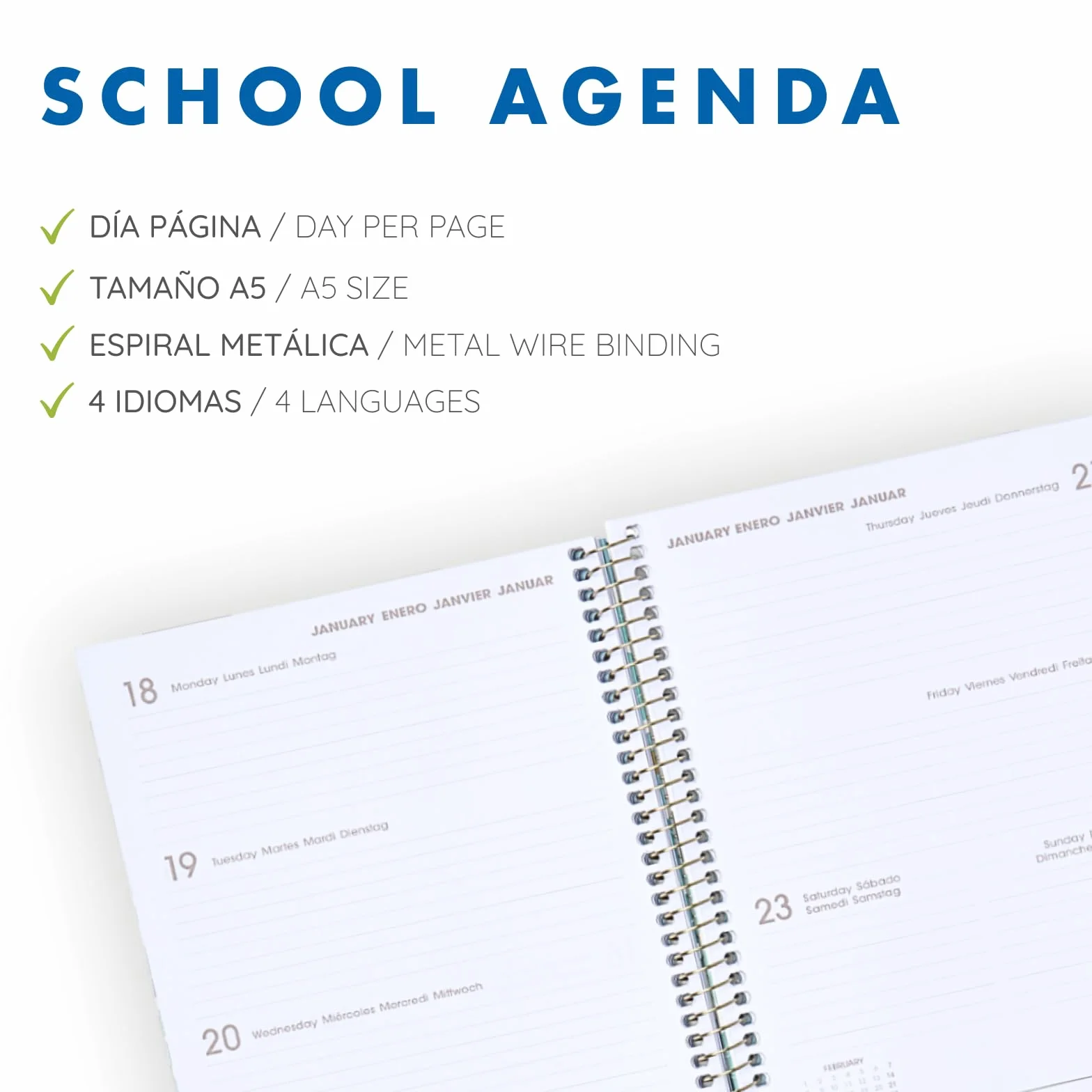 Agenda Scolaire 2026 2027 A5 15x21 cm Semaine Vue 4 Langues ESP ENG FRA ALL Fermeture Spirale Couverture Rigide Alba