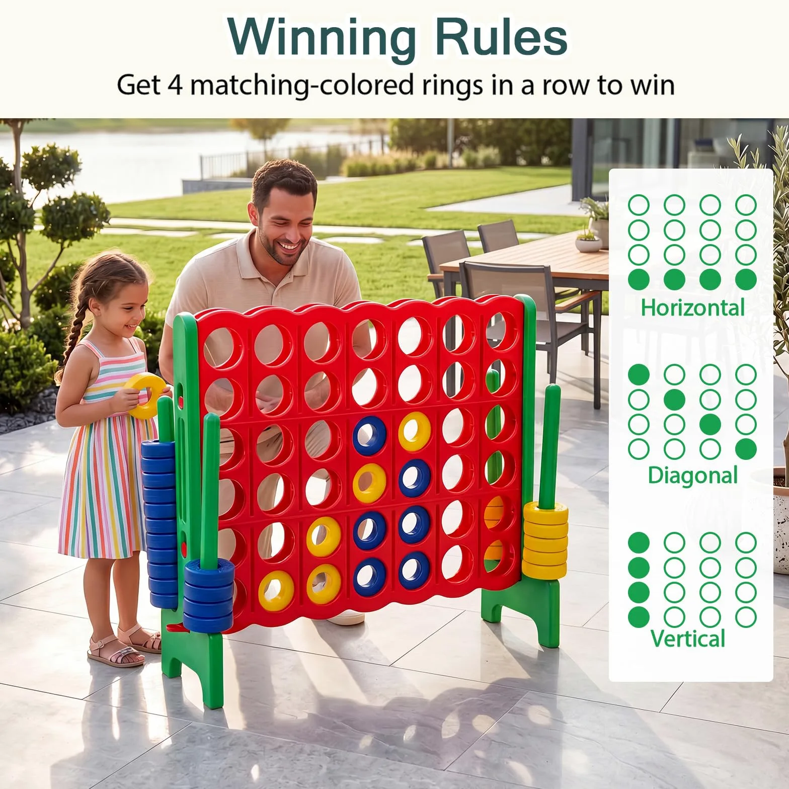 HOMASIS Jeu Géant 4 Gagnants, Jeu 4 en Une Ligne, Jeu de Stratégie avec 42 Anneaux & Curseurs, XXL Jeu de société Jouet 4 Gagnants pour Enfants & Adultes Extérieur (Vert)