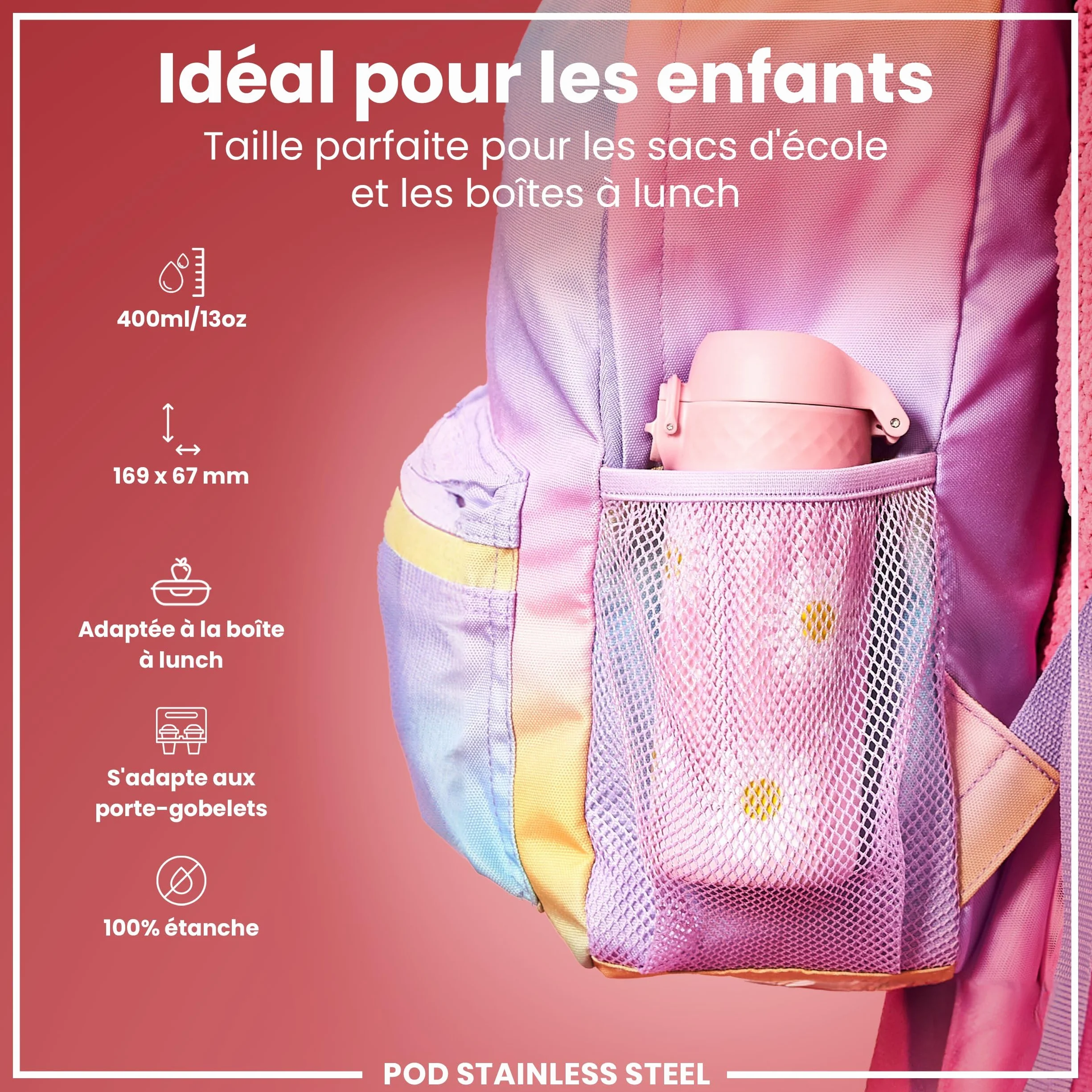 Ion8 Gourde Enfant Inox 400ml Anti-Fuite Verrouillage Sécurisé Lavable Lave-Vaisselle Acier Inoxydable Marguerites