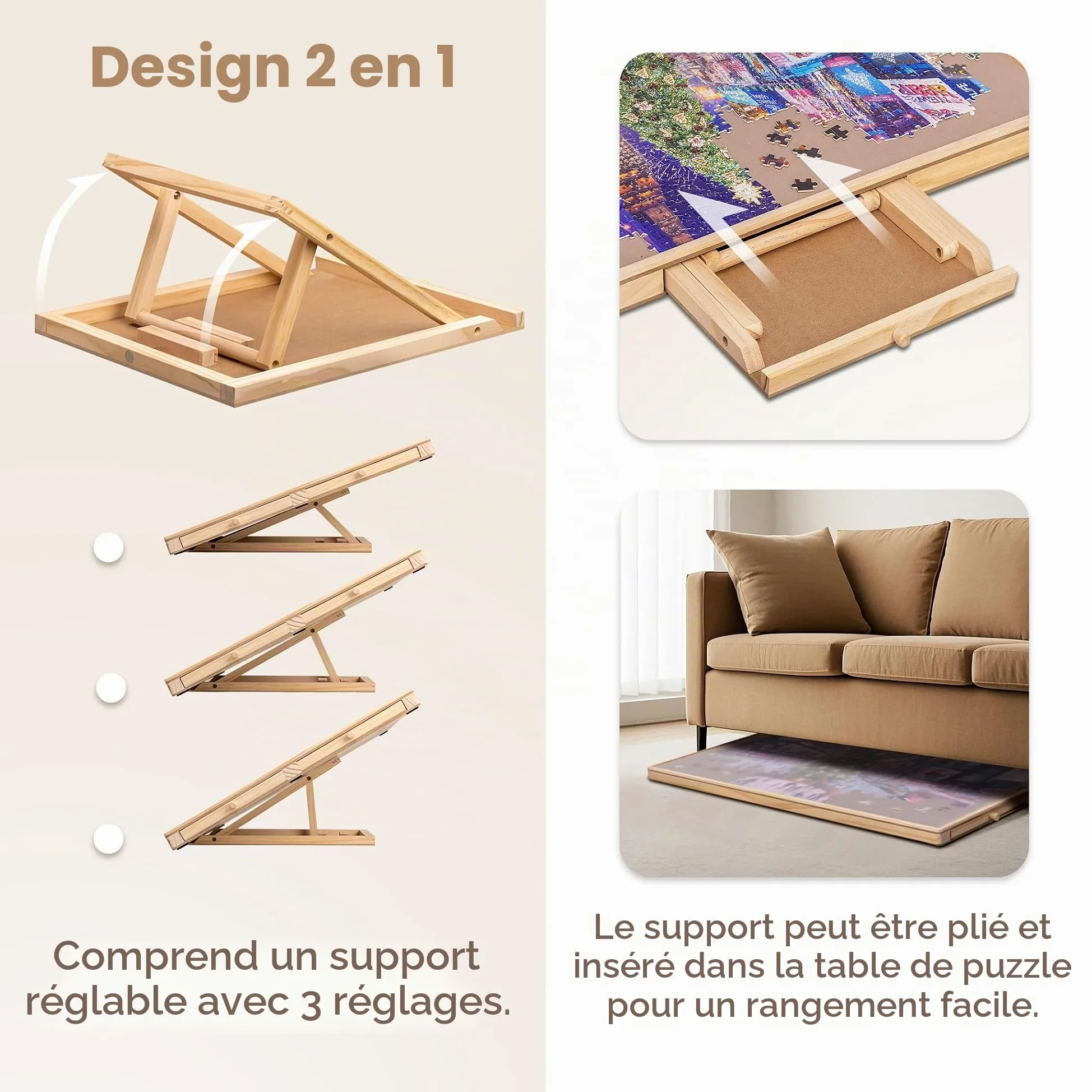 Tektalk Table de Puzzle avec Support réglable intégré Plateau en Bois à 3 Angles d'inclinaison Couvercle Amovible 4 tiroirs de tri jusqu'à 1000 pièces