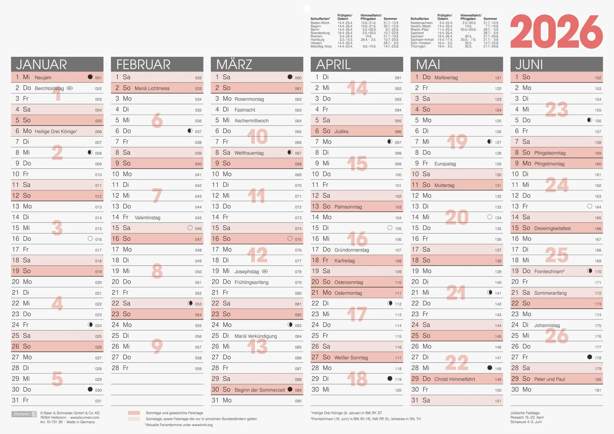BRUNNEN Calendrier tableau 2026 A3 paysage