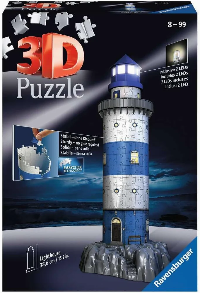 Ravensburger - Puzzle 3D Building - Phare illuminé - A partir de 8 Ans - 216 pièces numérotées à Assembler sans Colle - Accessoires de Finition Inclus - 12577