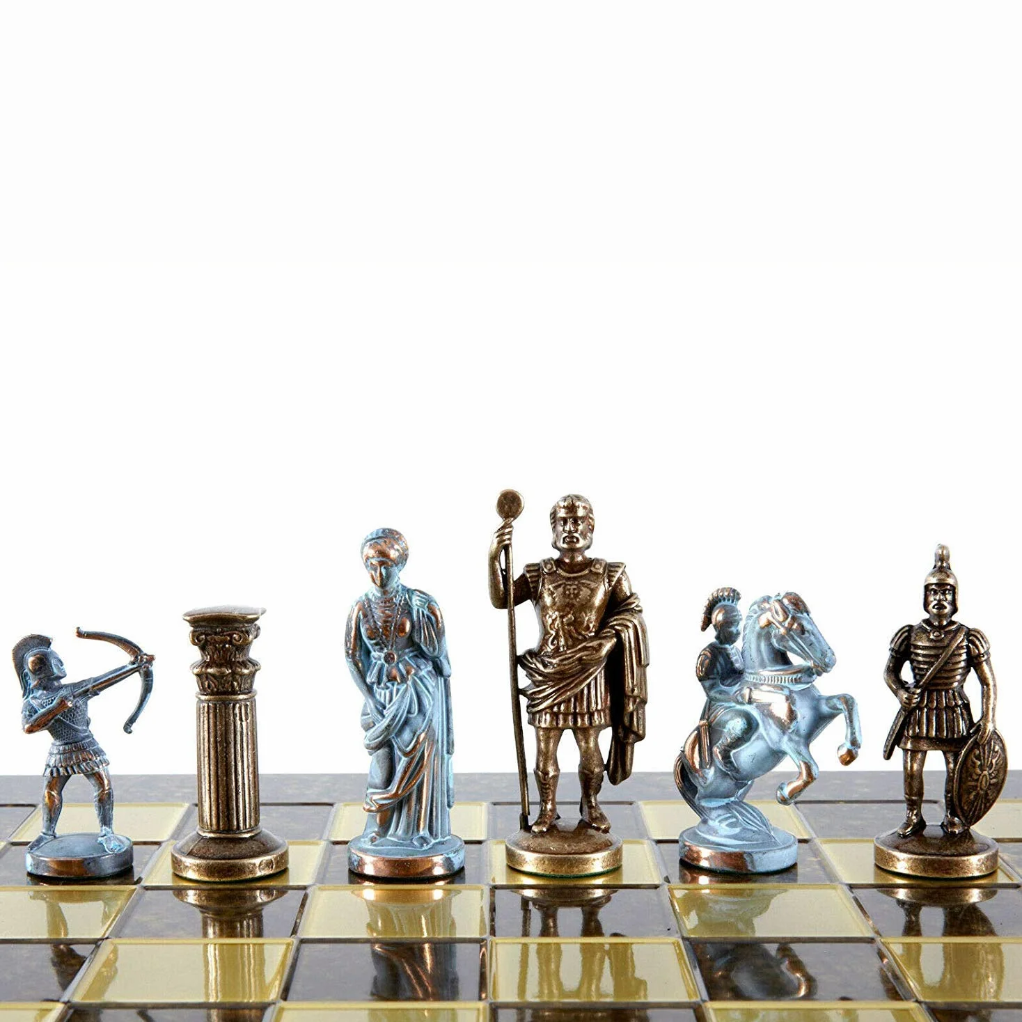 Manopoulos Archers Large Chess Set - Blue&Copper - Brown Chess Board