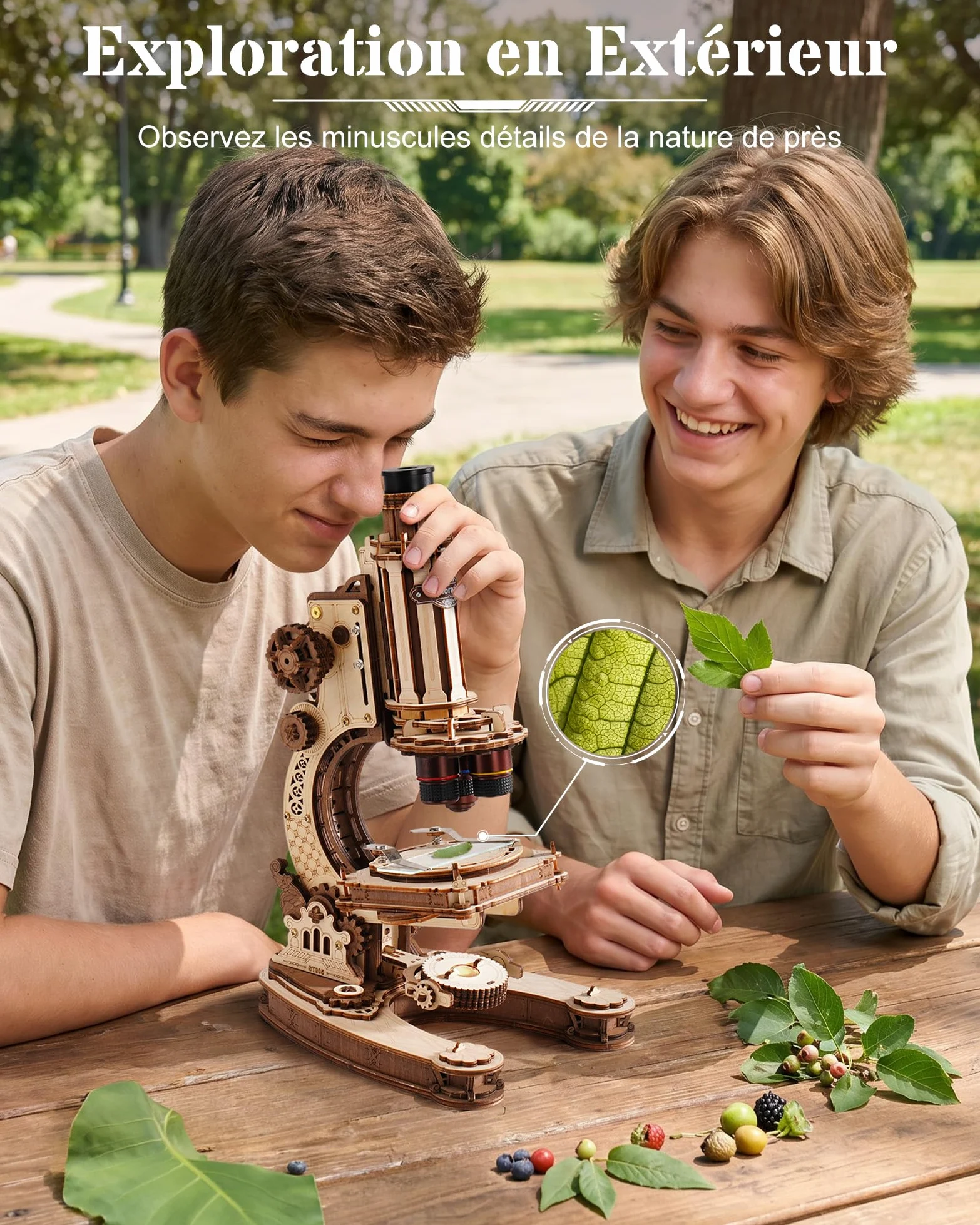 ROKR Puzzle en Bois 3D Microscope Fonctionnel ST005, kit modèle mécanique | Grossissement de 400x éclairage LED réglable Cadeau STEM