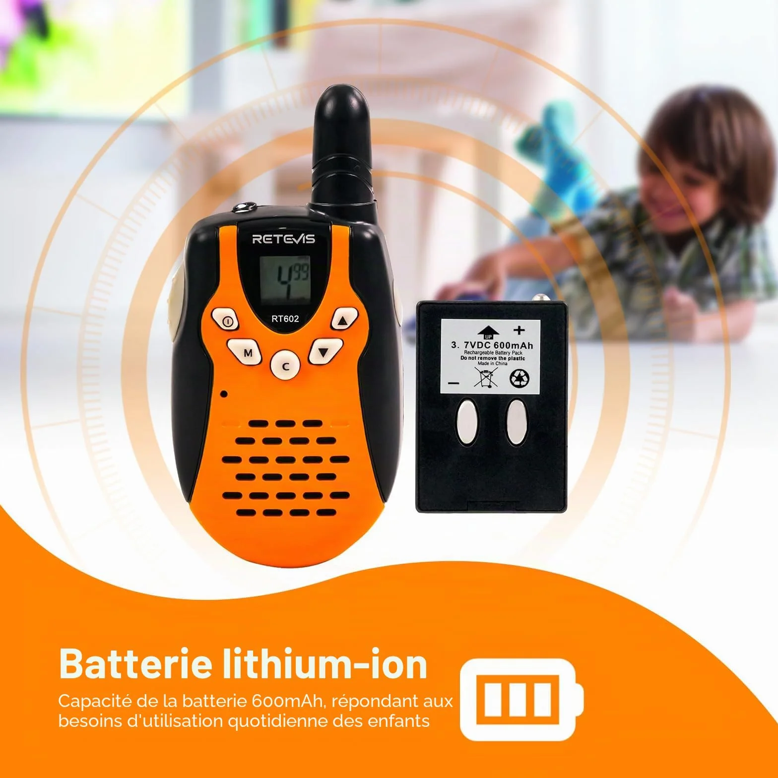 Retevis RT602 Talkie Walkie Enfant Rechargeable avec Base de Chargement et Batterie Li-Ion, Lampe Poche, Cadeau Camping Aventure (1 Paire, Orange)