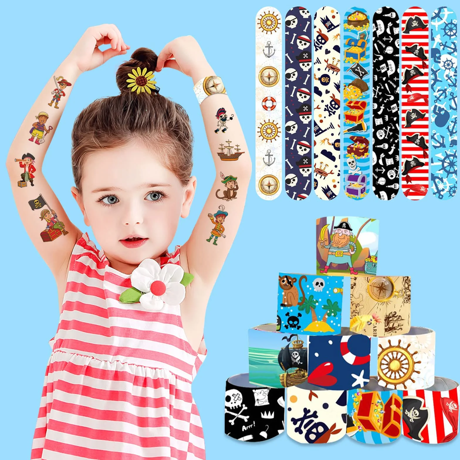 Lot de 22 accessoires de pirate - Bracelets de tatouage pour anniversaire enfant