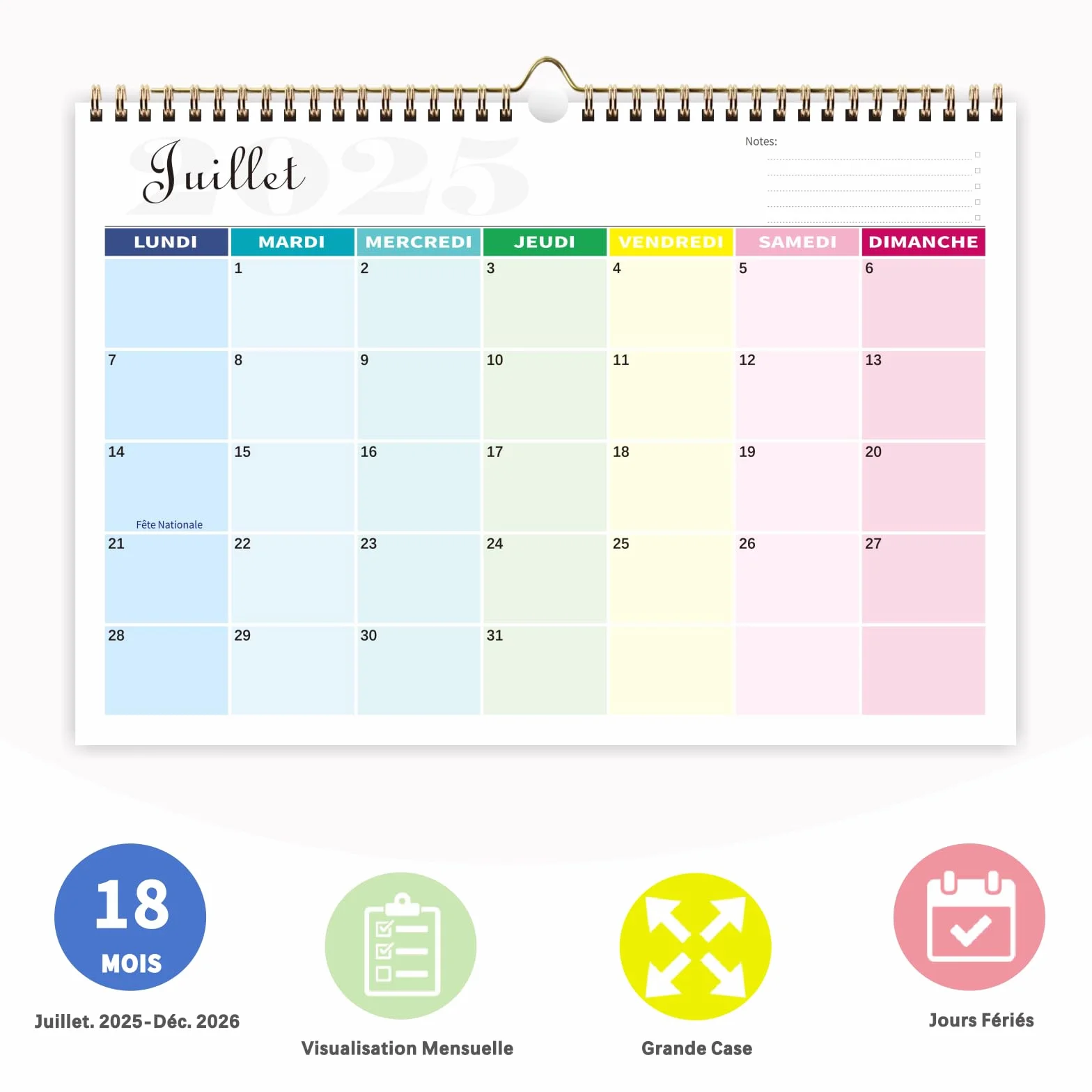 Calendrier 2026 Mural Coloré 18 Mois 31 x 21cm Familial Juillet 2025 à Décembre 2026 Mensuel