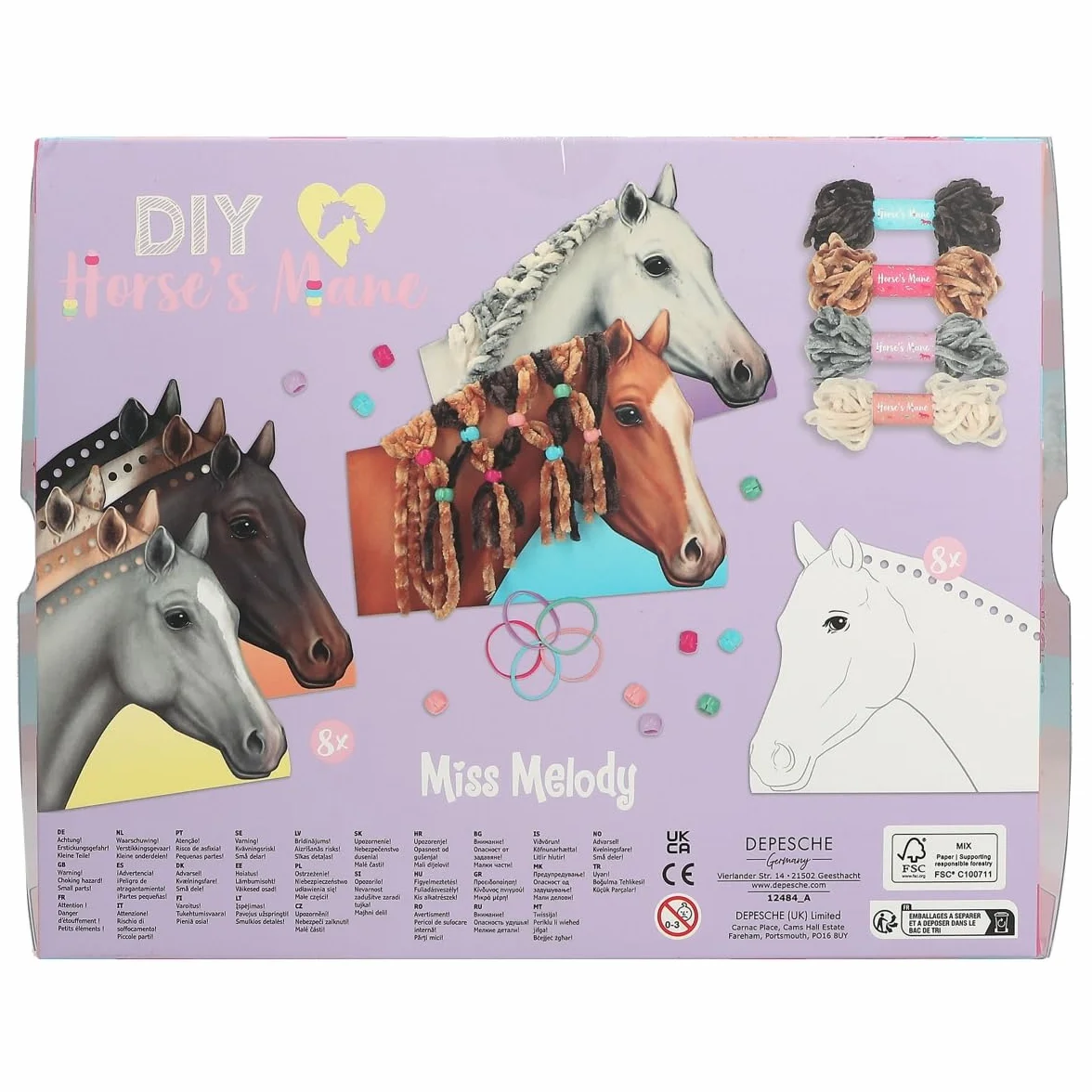 Depesche Miss Melody Kit de Bricolage pour tresser la crinière des Chevaux, 8 cartons, 4 fils de laine, élastiques et clips colorés