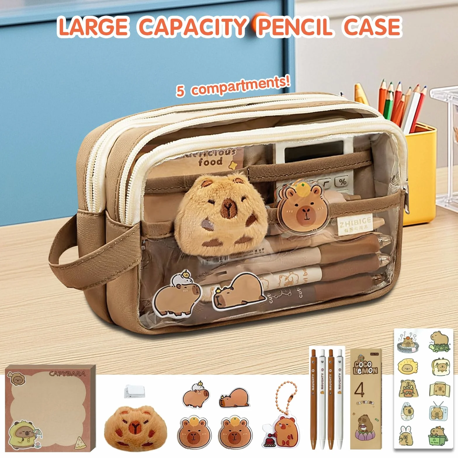 Trousse Capybara Ensemble Papeterie avec Stylo Autocollants Pins Porte-clés Blocs-Notes Grande Capacité Cadeau Fille Garçon