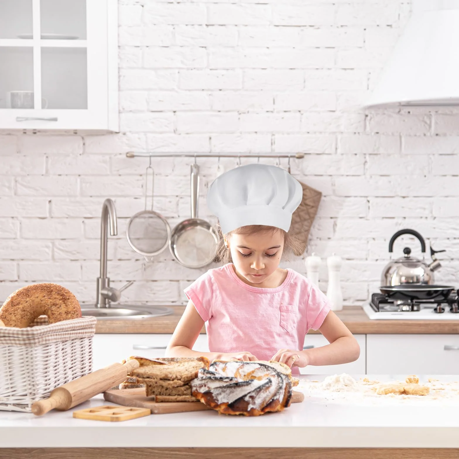 Lot de 2 toques de chef enfants en coton blanc réglables accessoires cuisine