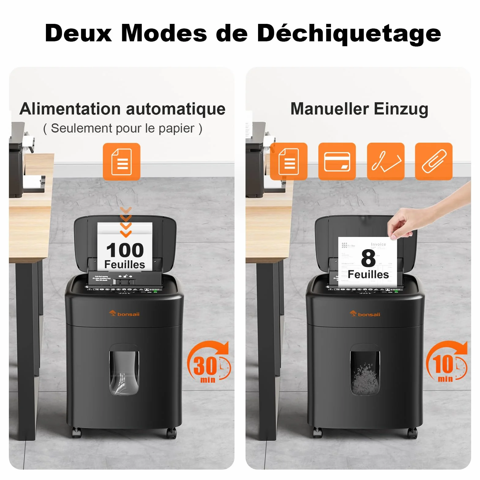 Bonsaii Destructeur de Documents Coupe Micro-particulaire P4, Alimentation Automatique 100 Feuilles, 30 Min Continu, 16L, C231-D