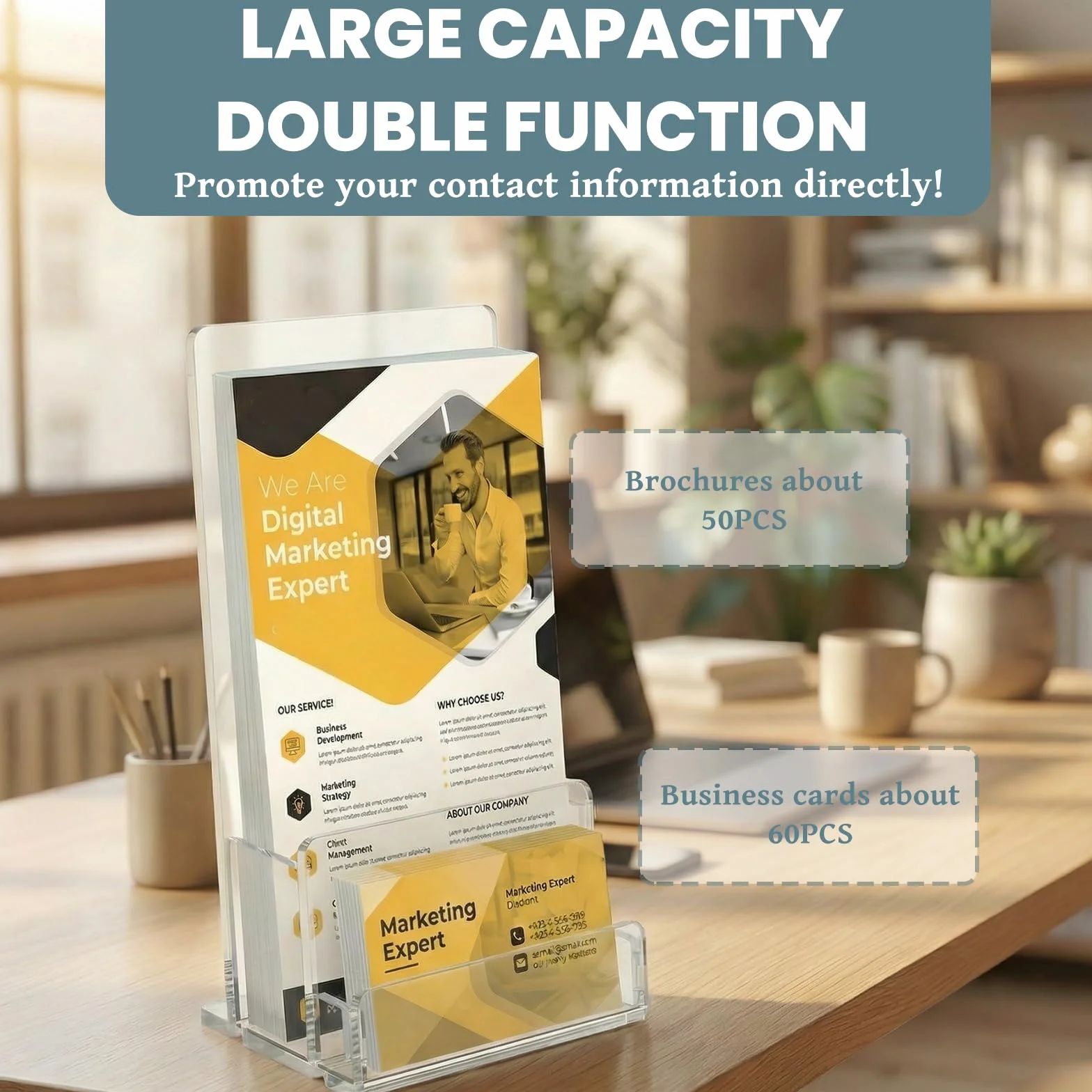 Porte-brochures A5 acrylique transparent lot de 2 avec fente pour cartes de visite support autonome