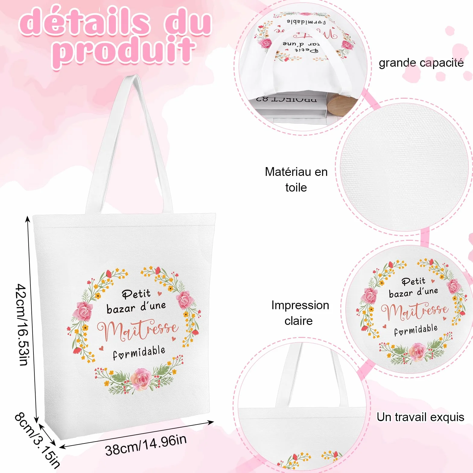 Sac en Coton Trousse de Toilette Porte-clés Carte de Vœux Set 4 Pièces Cadeau pour Maitresse Institutrice ATSEM AESH Fin d'Année