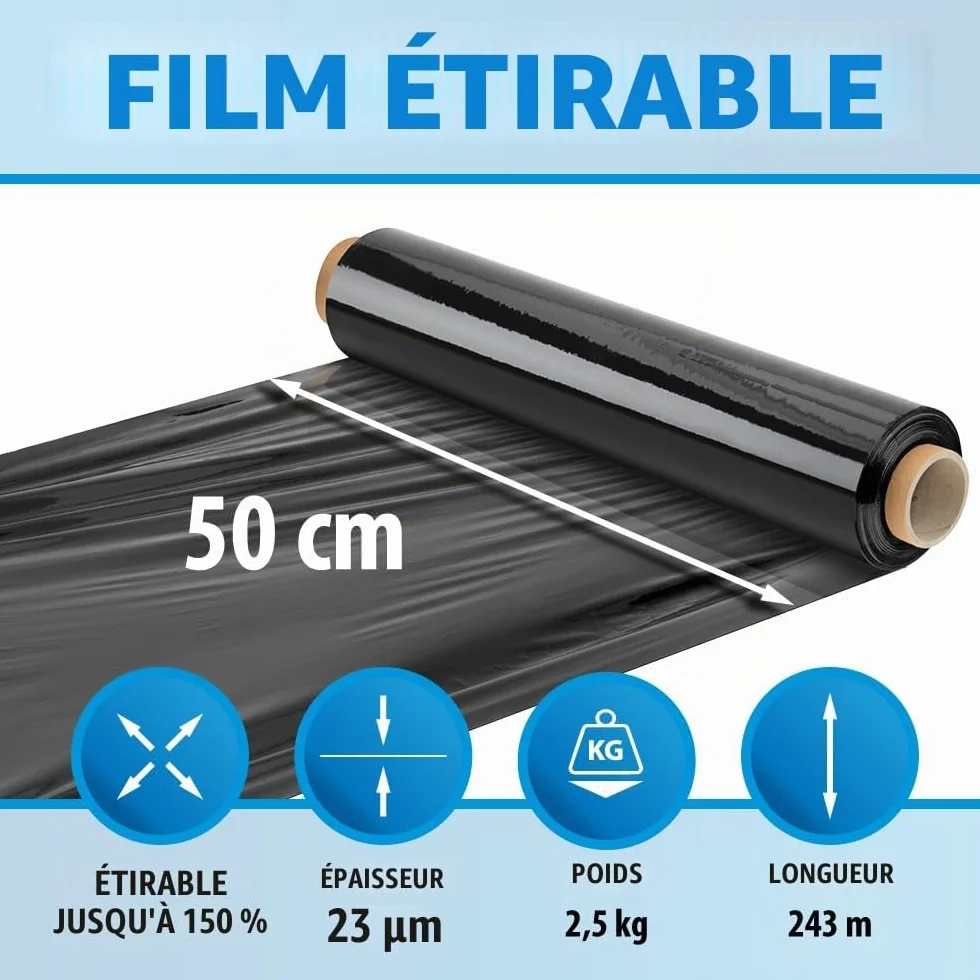 Film étirable noir 50 cm x 243 m 23 microns 2,5 kg rouleau