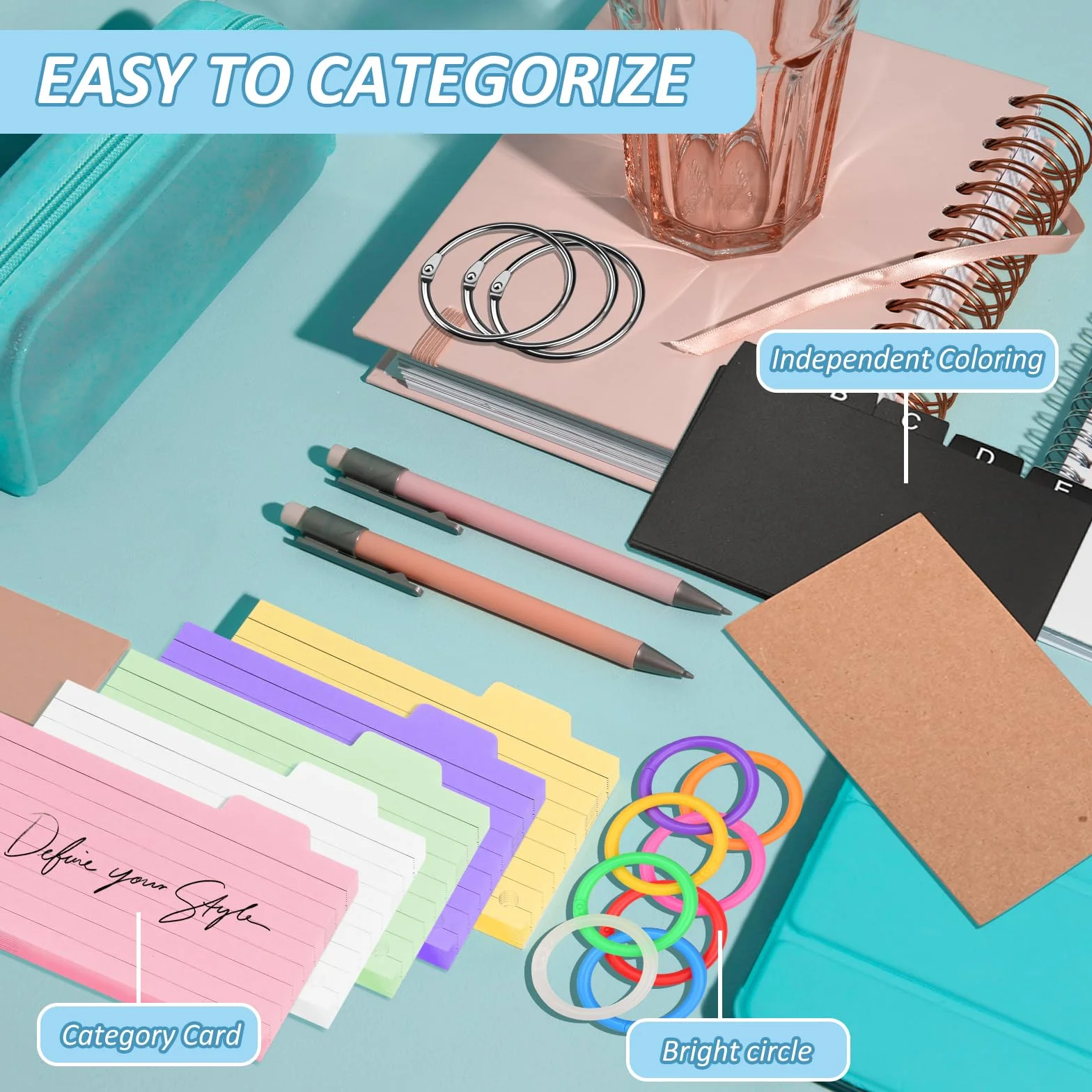 Boîte à Cartes A7A8 avec 436 Cartes Lignées Colorées, Organisateur de Révision pour École et Bureau