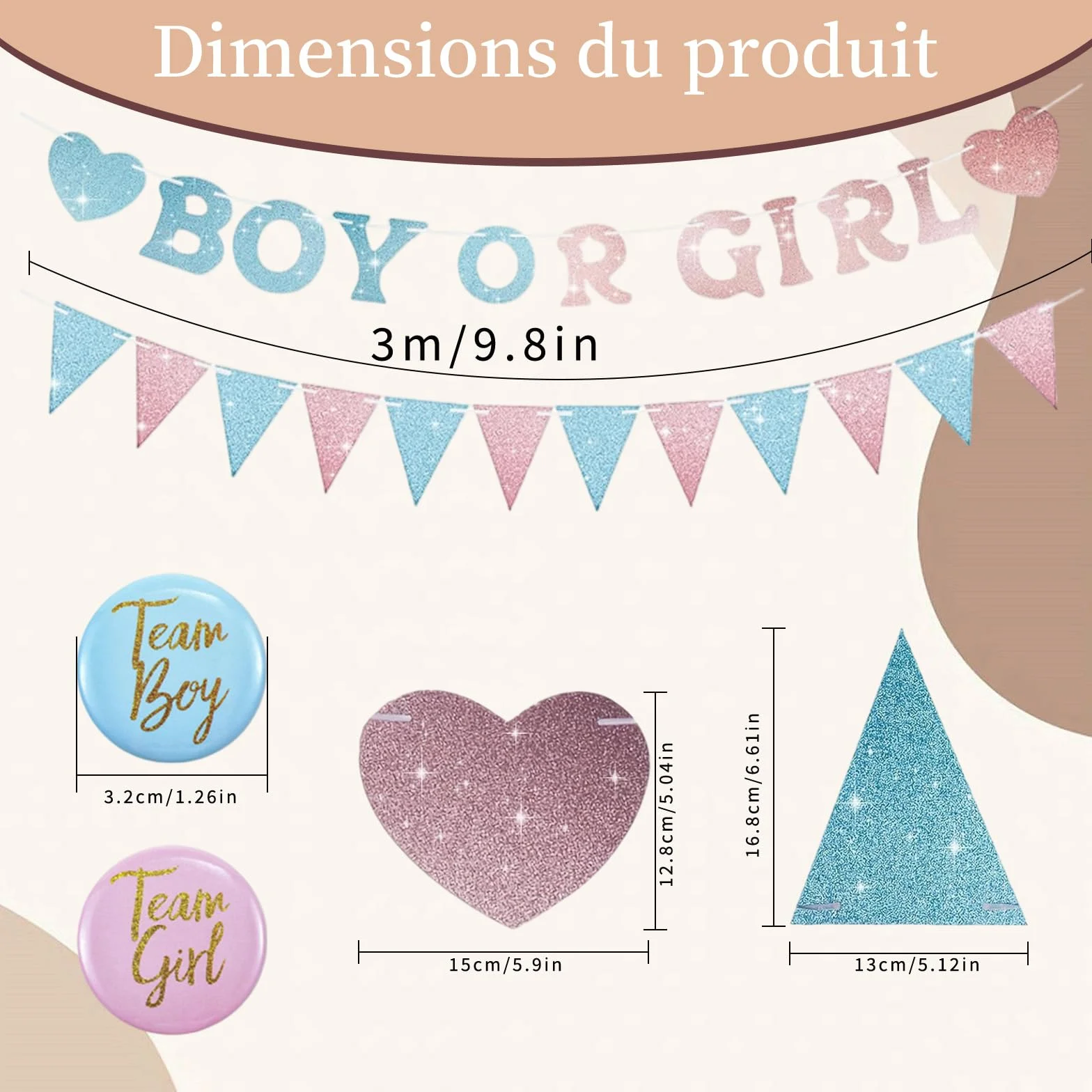 Guirlande Gender Reveal 3 m avec Fanions Cœurs 30 Badges Team Boy Girl Décor Rose Bleu Brillant Baby Shower