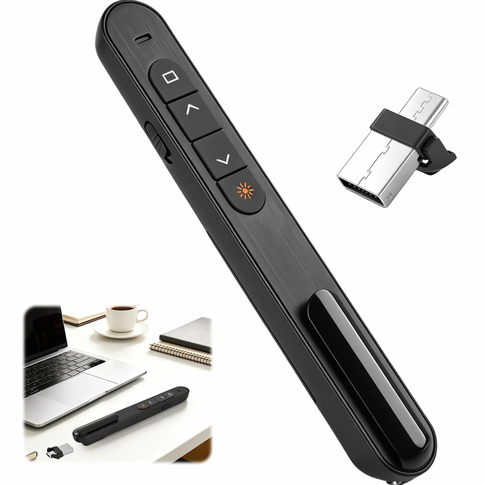 Télécommande de Présentation sans Fil 2-en-1 USB-C & USB-A, Pointeur PowerPoint 2,4 GHz avec Contrôle du Volume et Hyperliens