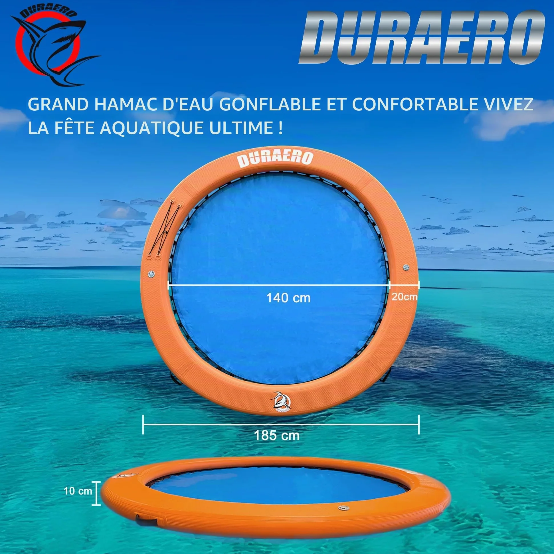 Hamac Gonflable d’Eau Ø185 x 10 cm, Grande bouée Ronde Piscine et lac, îlot Flottant pour 2–3 Personnes, transat Aquatique, Pompe et Accessoires Inclus