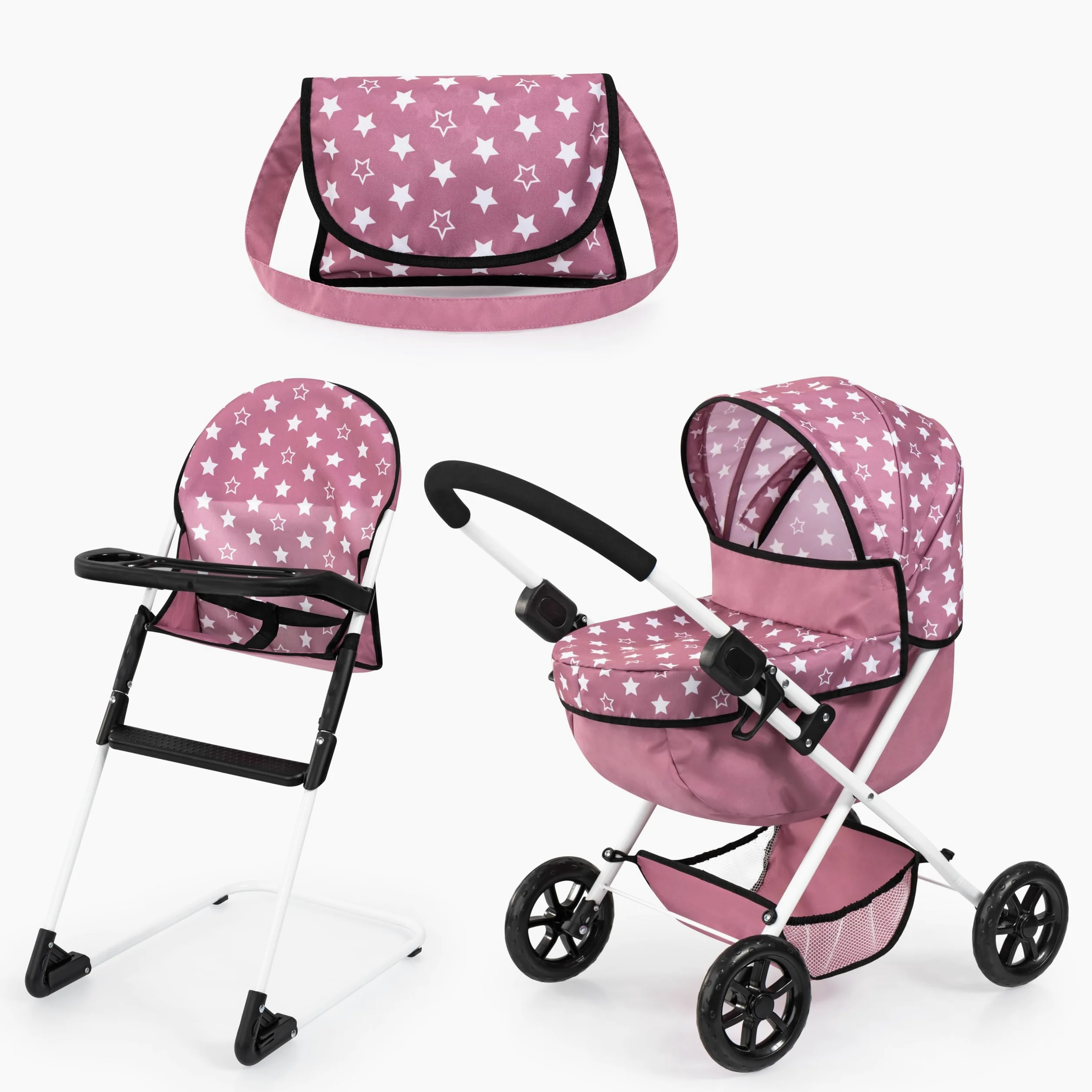 Bayer Design 13776AB Ensemble Poussette pour poupée, Pliable, poignée Douce, Chaise Haute, Sac, Nordique Rose | Landau pour poupées avec poignée souple, grandes roues, sac, panier intégré et chaise haute pour les jeux de rôle