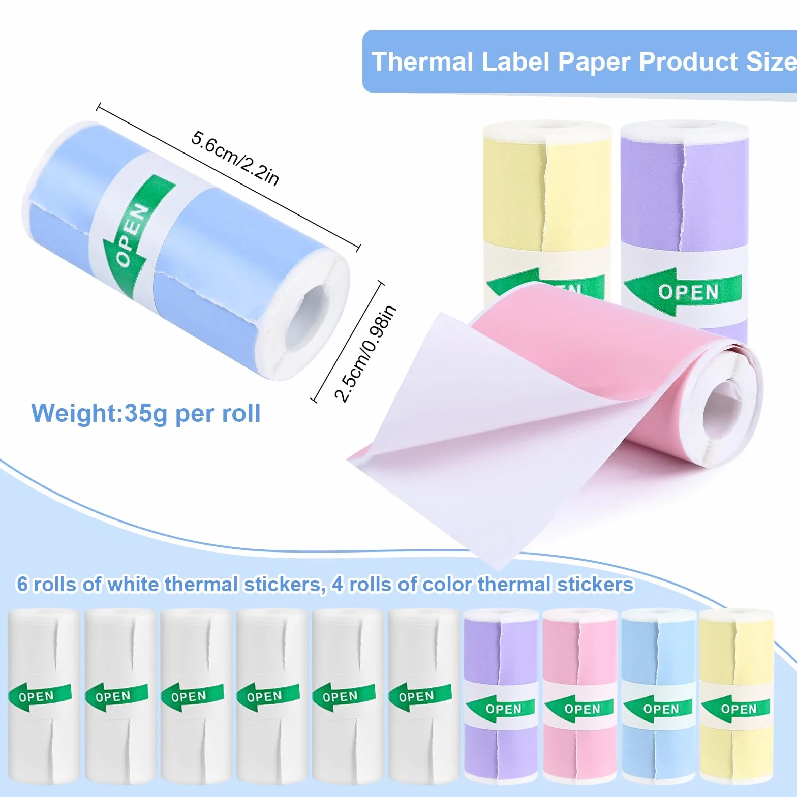 Papier Thermique Auto-adhésif Blanc 57x25mm 10 Rouleaux pour Mini Imprimante Sans Encre