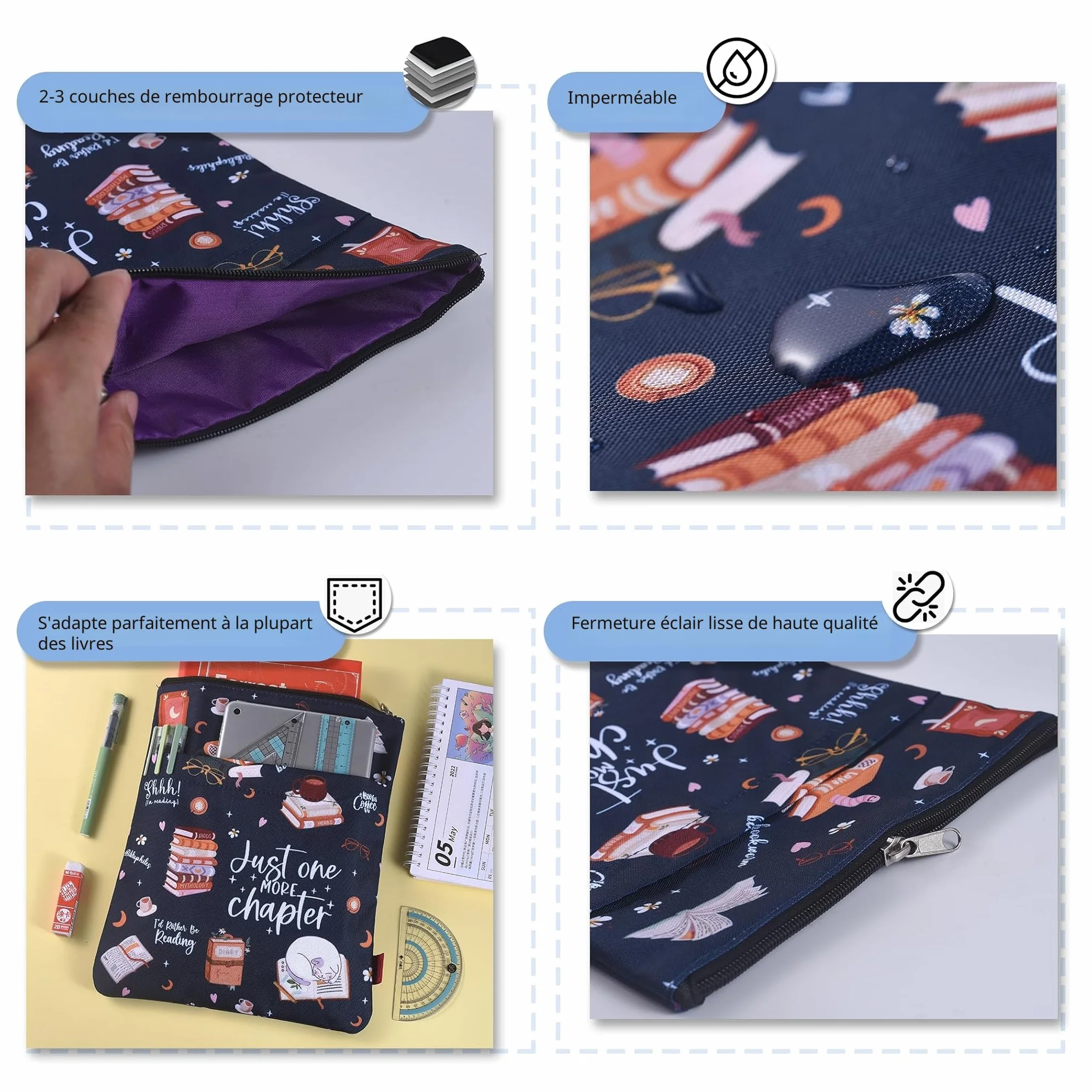 Pochette imperméable pour livre en toile 27,9 x 21,6 cm avec fermeture éclair et poche avant