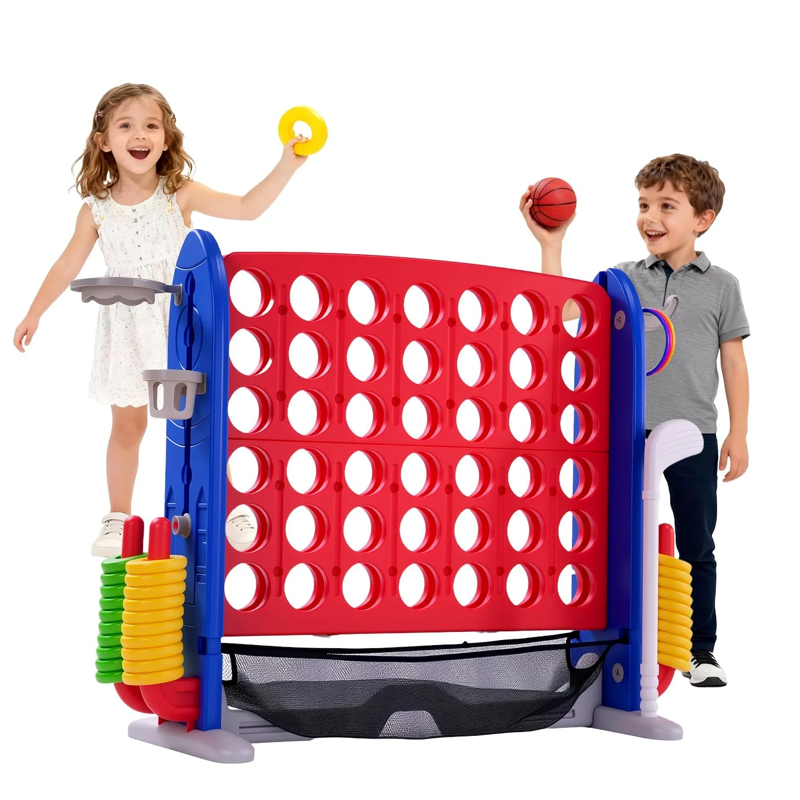 Jeux Puissance 4 Géant Réglable Hauteur avec 42 Anneaux Géants 1 Filet,Jeu de Stratégie avec Porte-Anneaux,Levier de Réinitialisation pour Enfants Adultes,Jeu d'Extérieur/Intérieur pour Enfants Et Fam