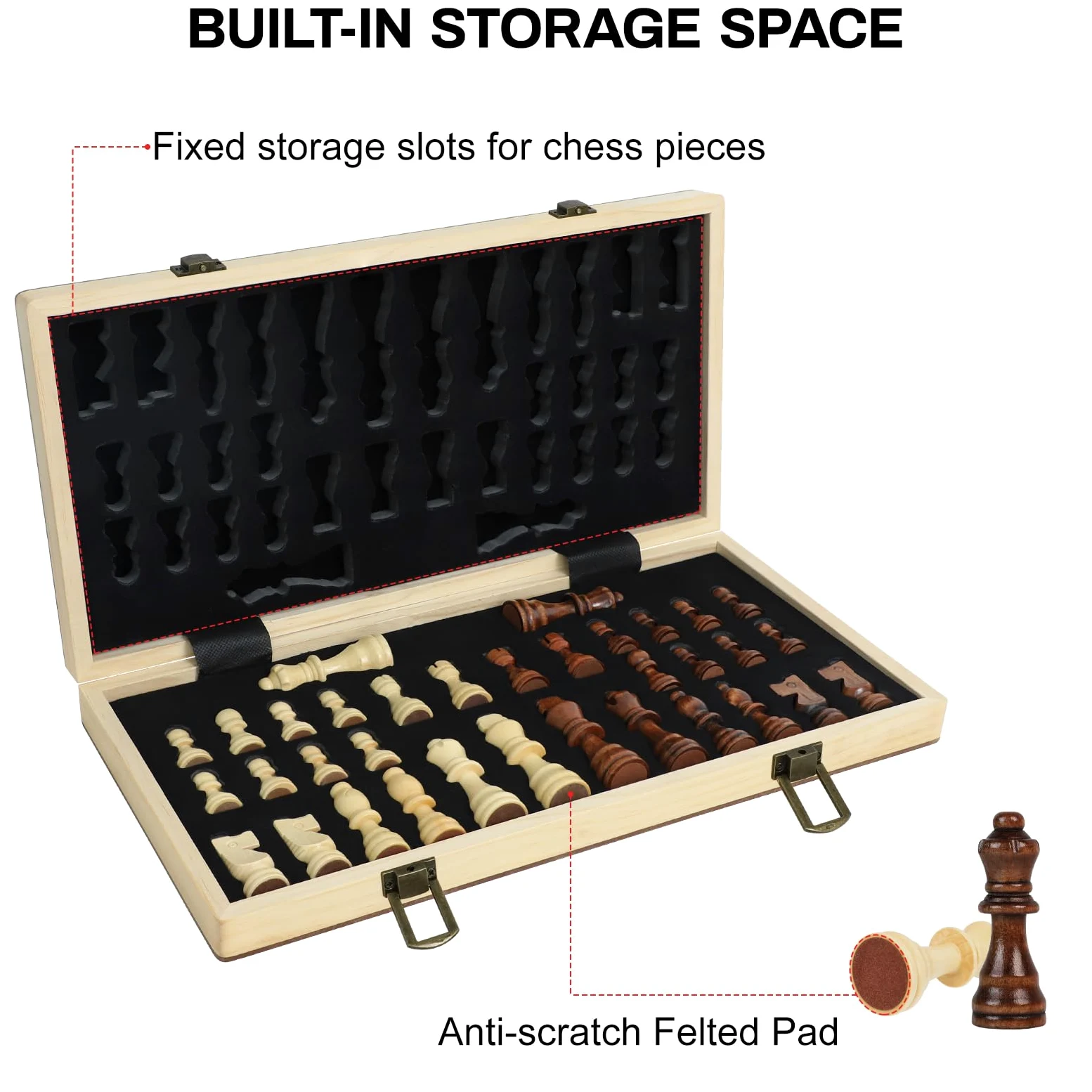 LEAP Jeu d'échecs magnétique en bois pliable de 39 cm - 7,62 cm - King Size - Jeu d'échecs de voyage avec 2 pièces supplémentaires et emplacements de rangement pour adultes