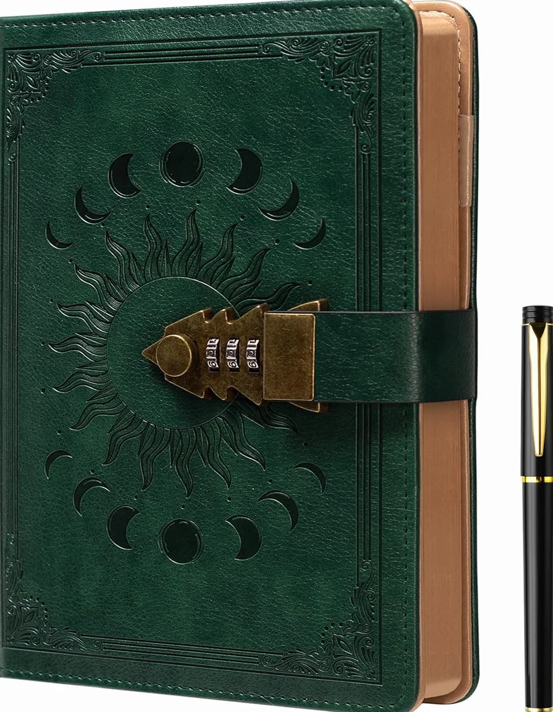 Carnet Secret avec Code 21 x 15,5 cm 224 Pages Couverture Cuir PU Design Relief Soleil Lune Vert Émeraude
