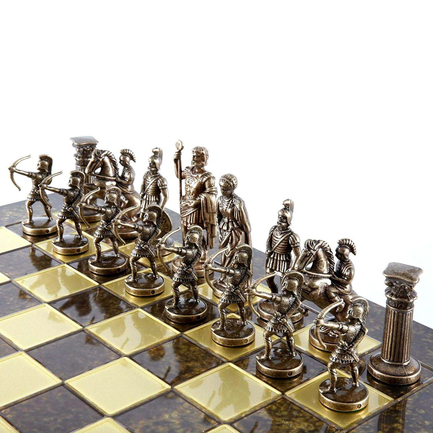 Manopoulos Archers Large Chess Set - Blue&Copper - Brown Chess Board