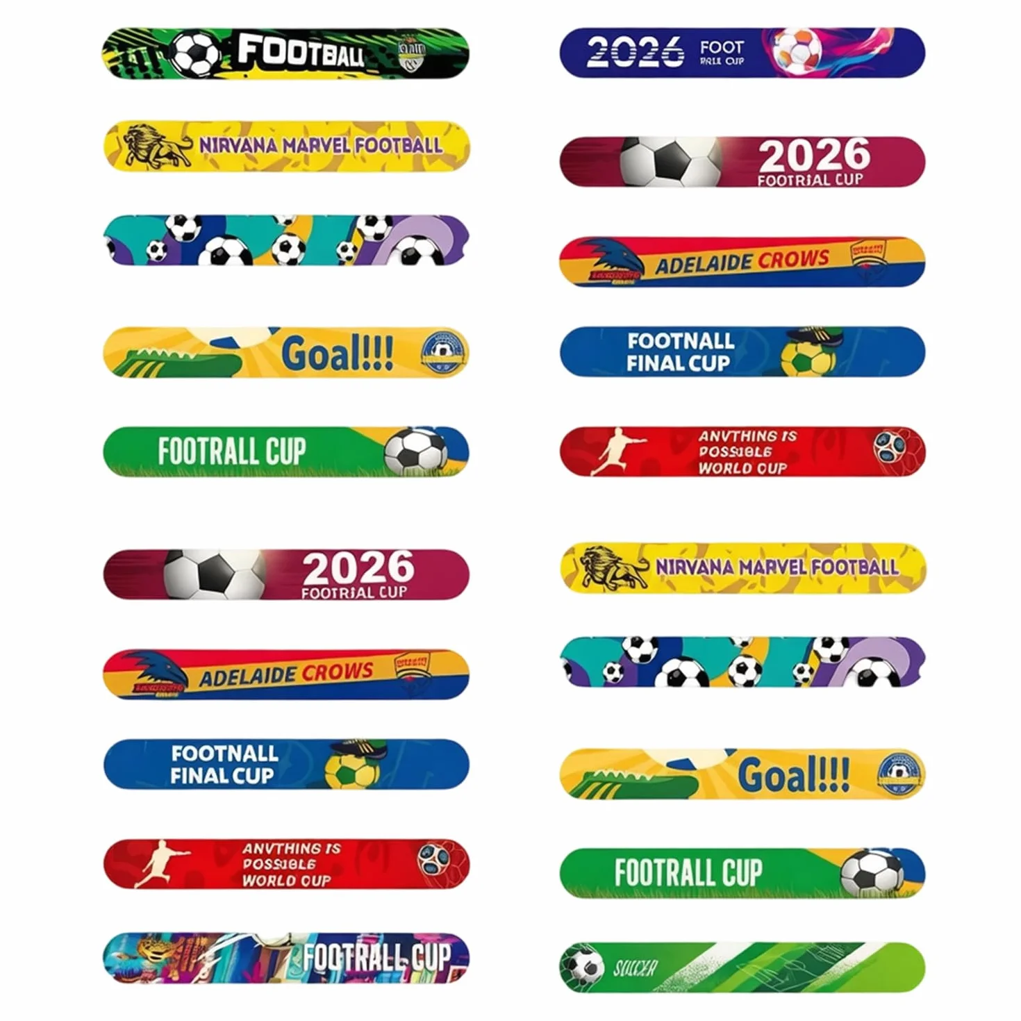 Bracelets Claquants Football pour Enfants, 20 Pièces PVC, 12 Designs Assortis 22x3cm