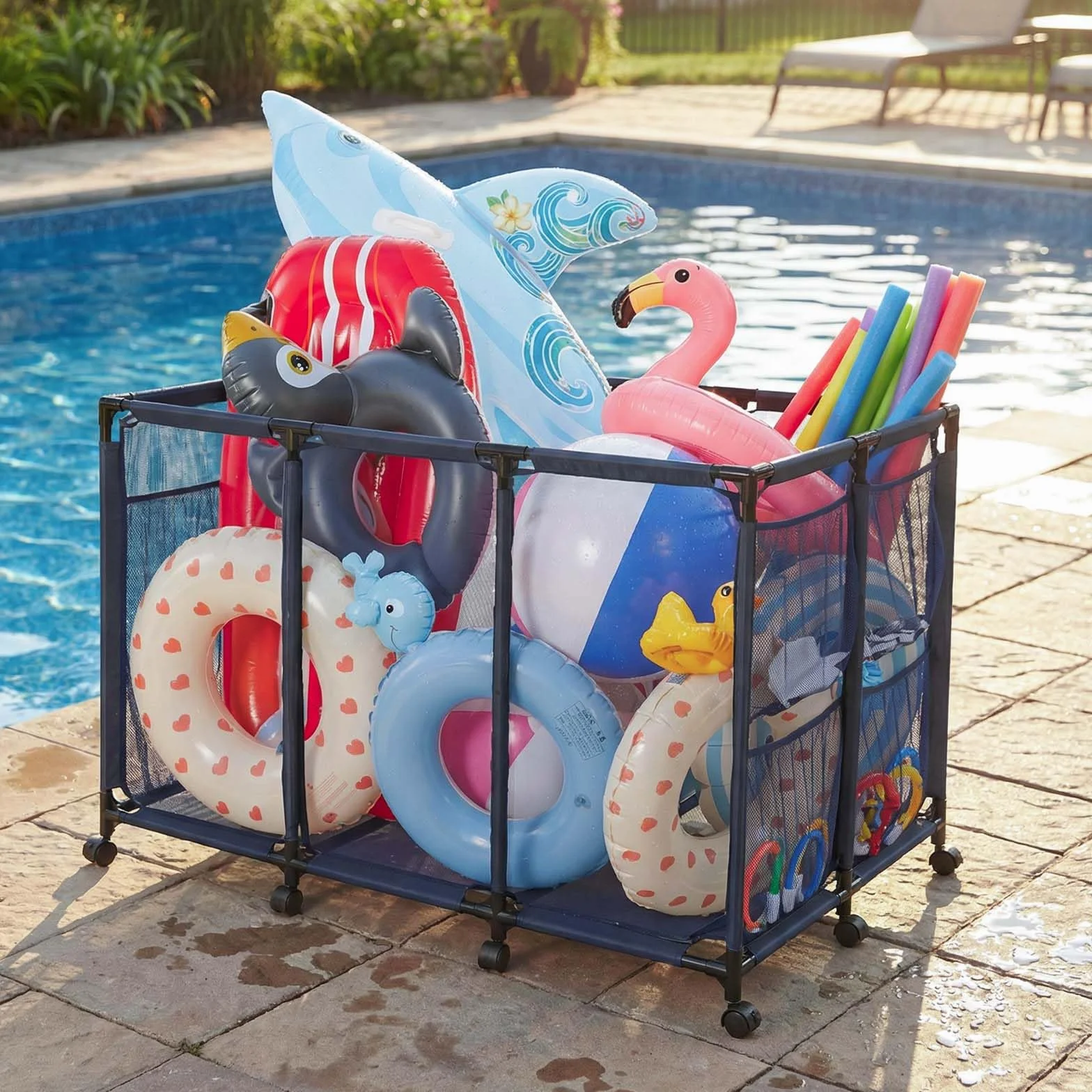 VEVOR Panier Rangement Flotteurs Piscine 125x84x84 cm Bac Stockage Bouées Maille avec Roulettes Poches Latérales Cadre Métal
