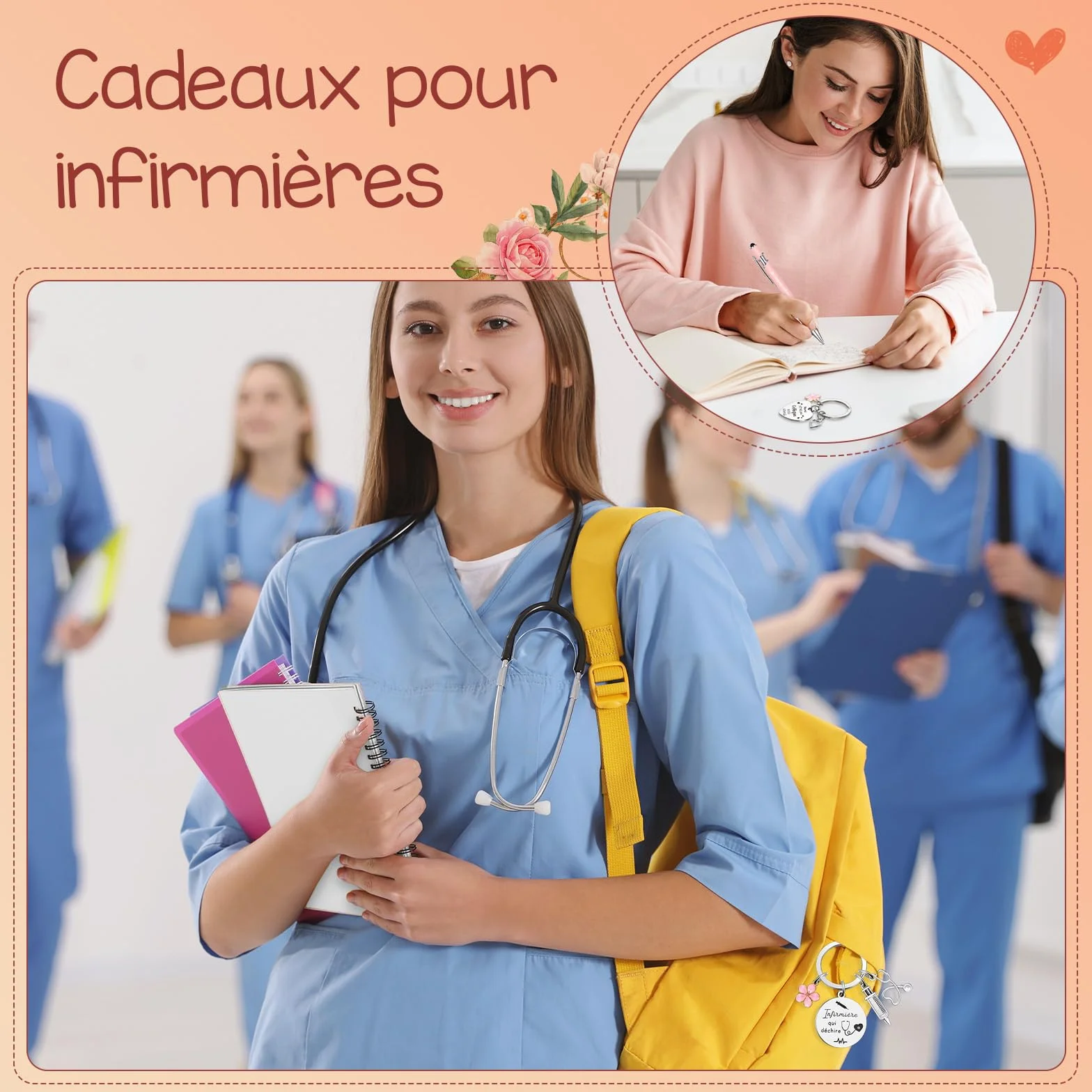 Sinmoe Cadeaux pour Infirmière Mini Bloc-Notes Porte-Clés Stylo à Bille Infirmière Qui Déchire