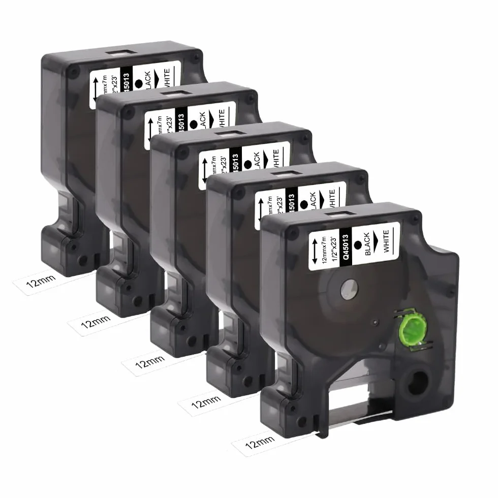 Lot de 5 bandes de rechange Dymo D1 45013 12 mm x 7 m ruban adhésif noir sur blanc